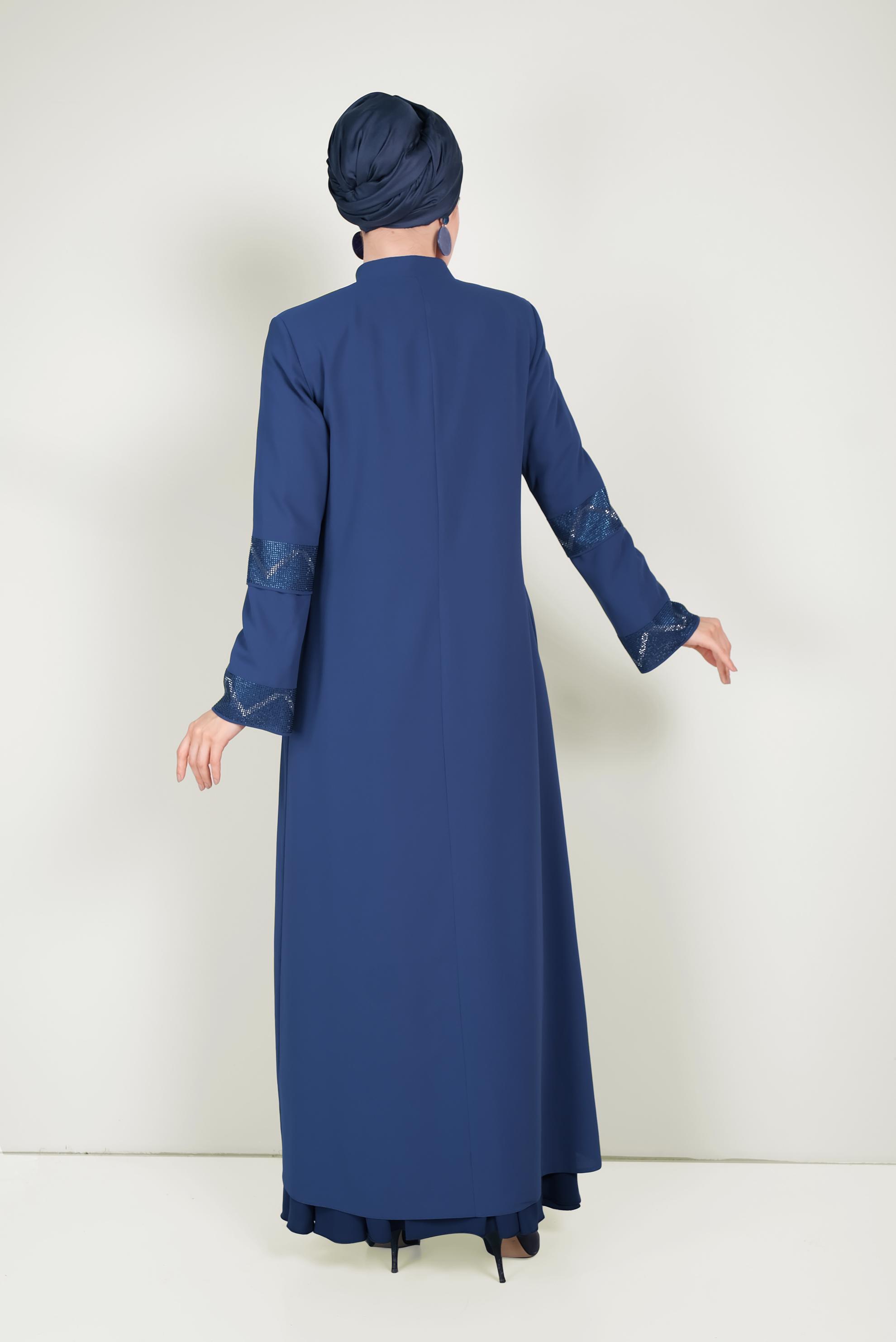 Tesettür giyim LACİVERT KOLLARI TAŞLI YAKASI BAĞCIKLI FERACE 80003