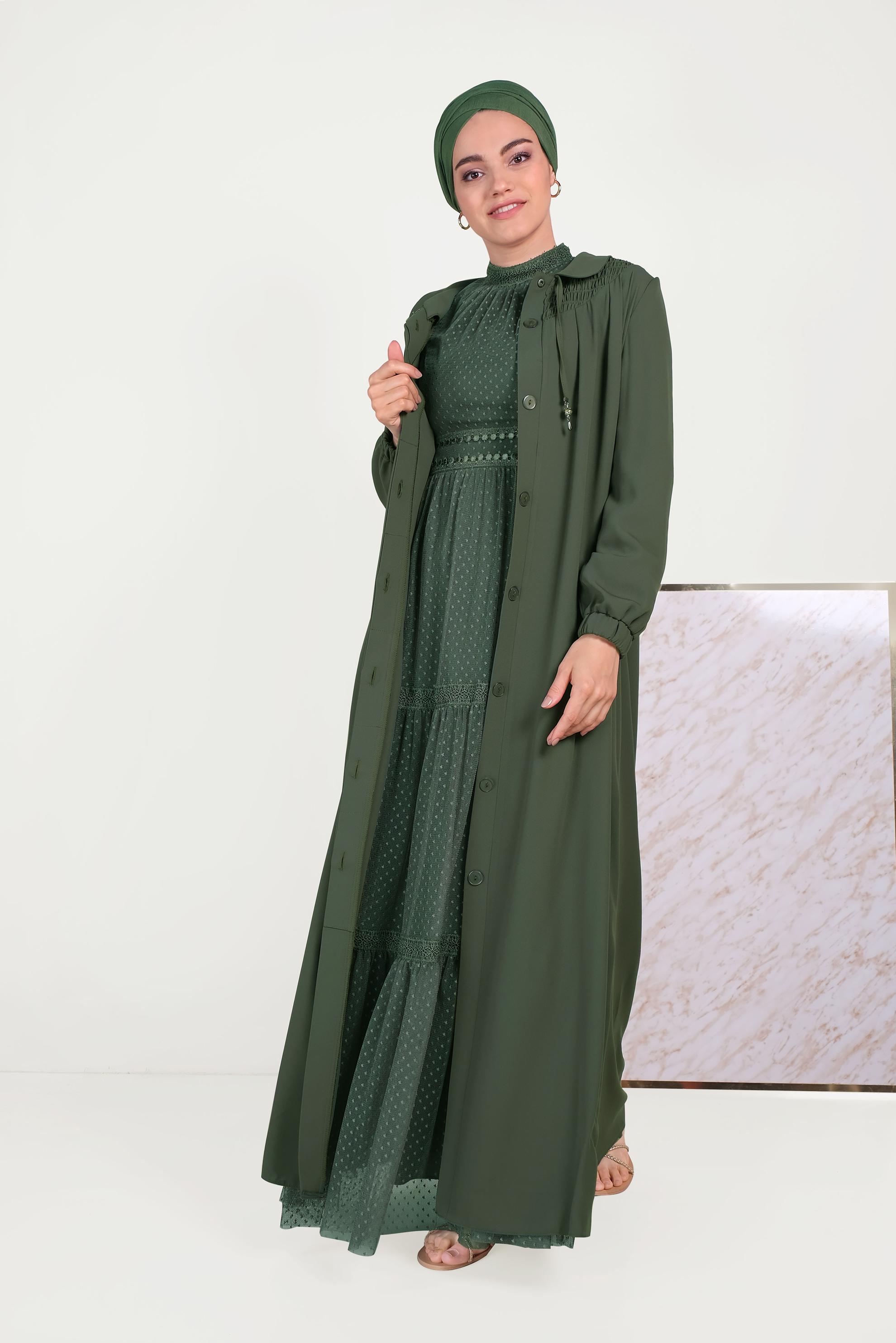 Tesettür giyim HAKİ BEBE YAKA FERACE 80008 