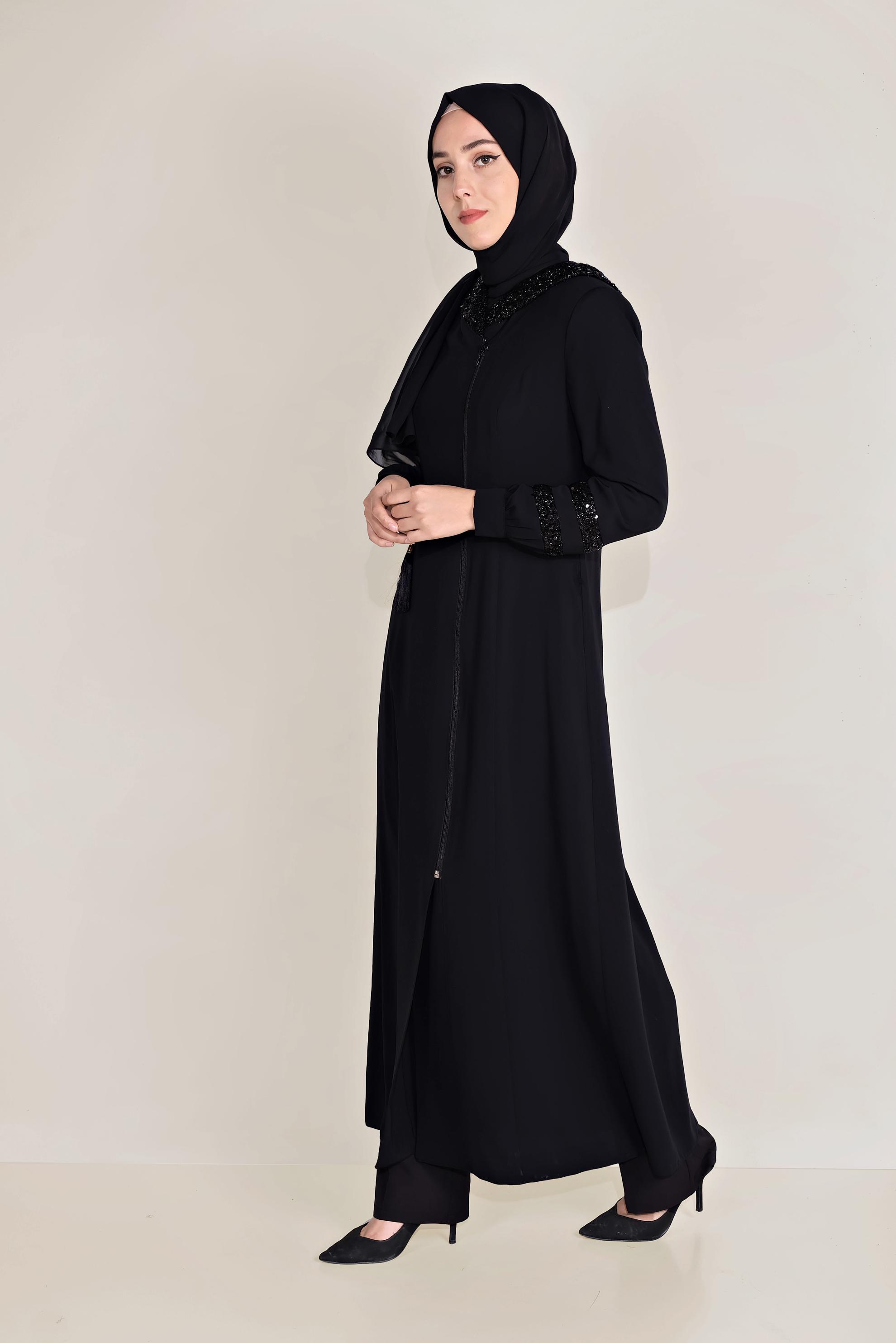 Tesettür giyim SİYAH PUL PAYETLİ KAPÜŞONLU FERACE 80010