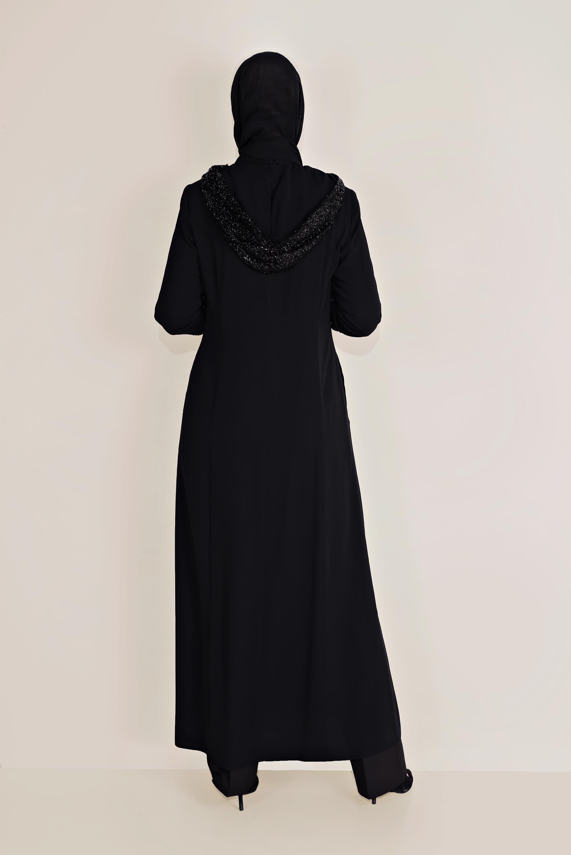 Tesettür giyim SİYAH PUL PAYETLİ KAPÜŞONLU FERACE 80010