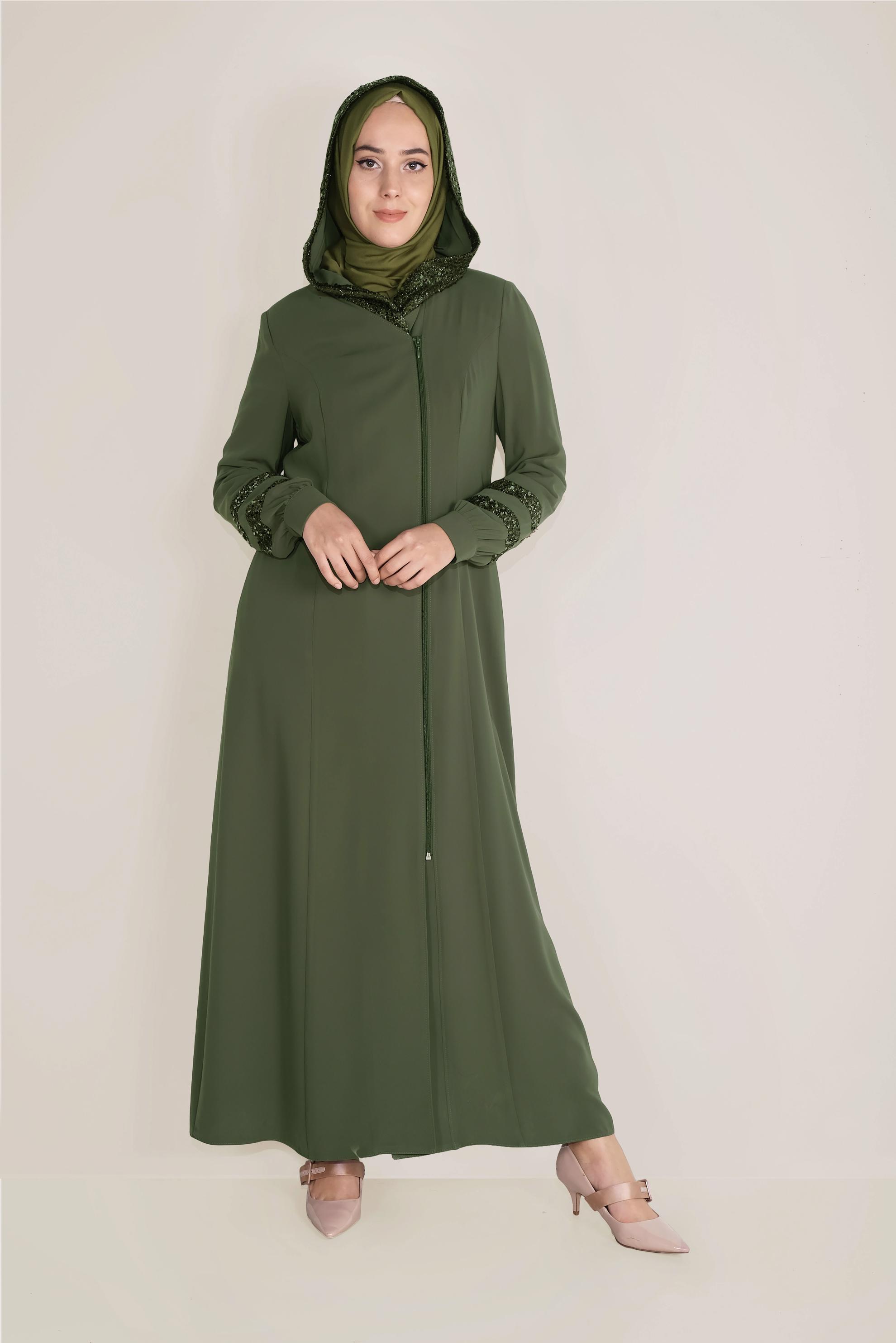 Tesettür giyim HAKİ PUL PAYETLİ KAPÜŞONLU FERACE 80010