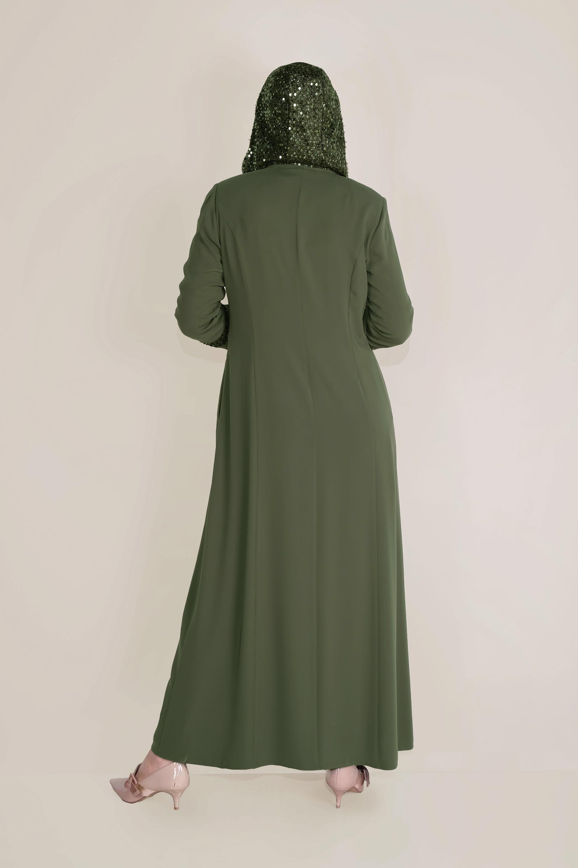 Tesettür giyim HAKİ PUL PAYETLİ KAPÜŞONLU FERACE 80010