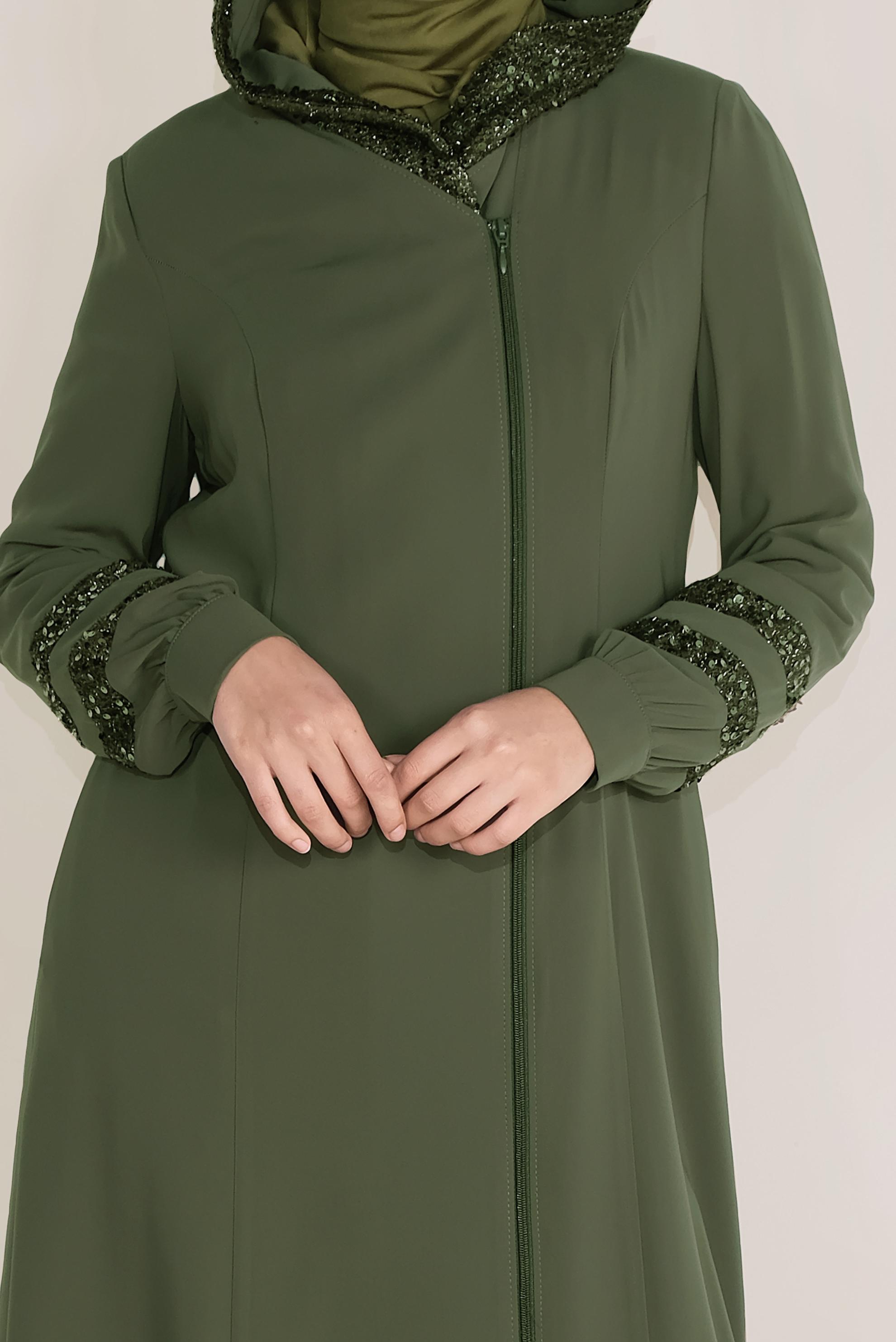 Tesettür giyim HAKİ PUL PAYETLİ KAPÜŞONLU FERACE 80010