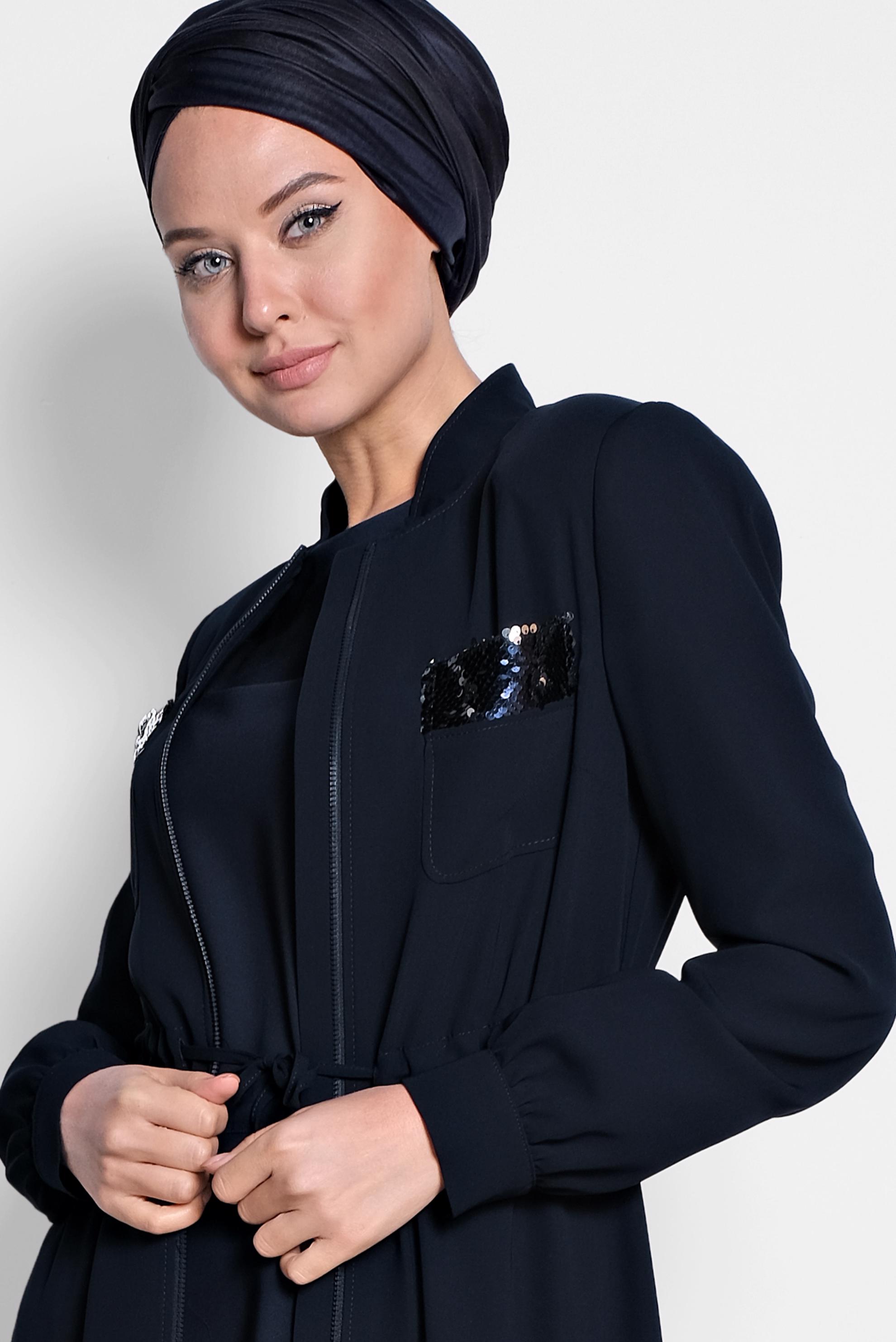 Tesettür giyim LACİVERT FERMUARLI PUL PAYETLİ FERACE 8315