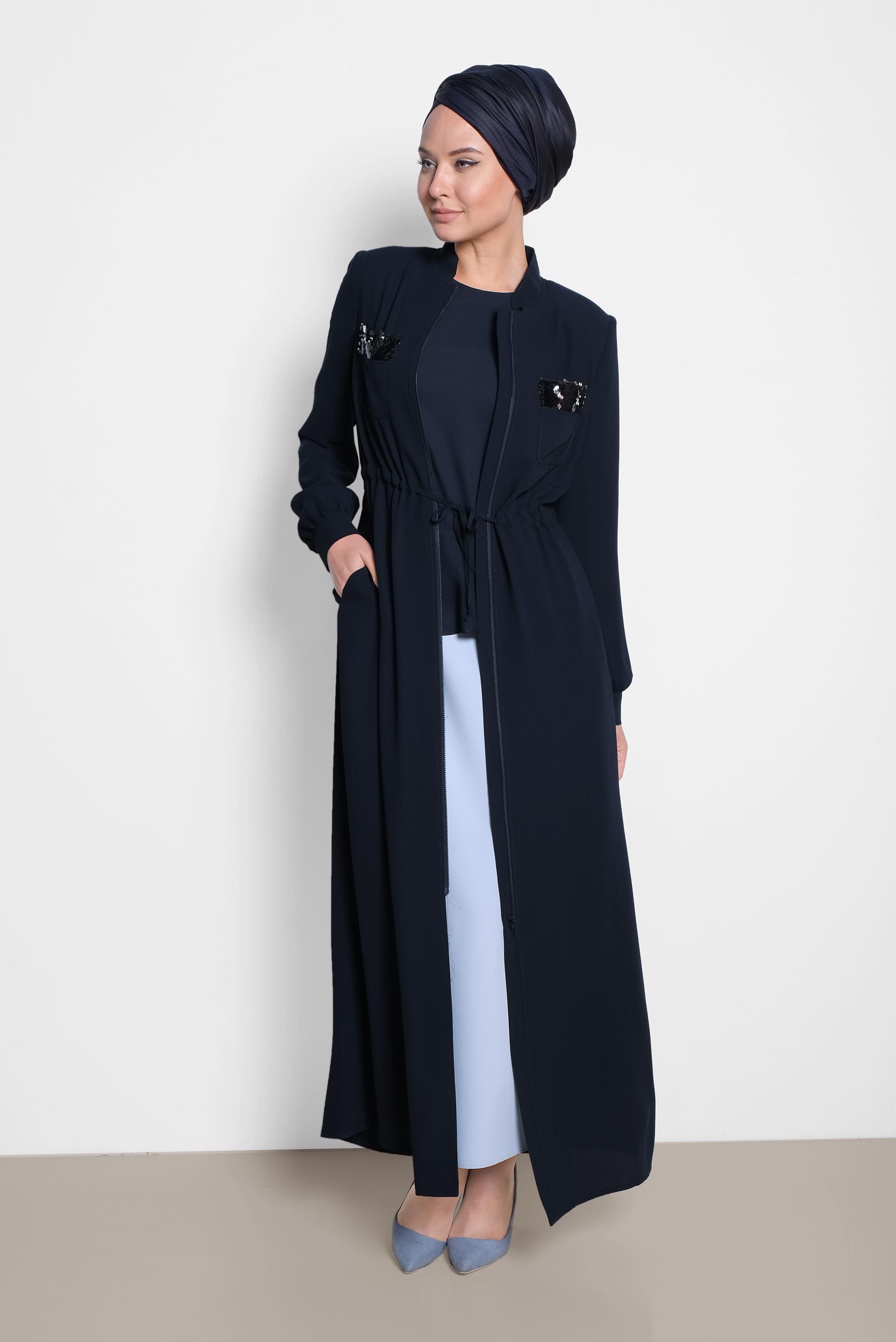 Tesettür giyim LACİVERT FERMUARLI PUL PAYETLİ FERACE 8315