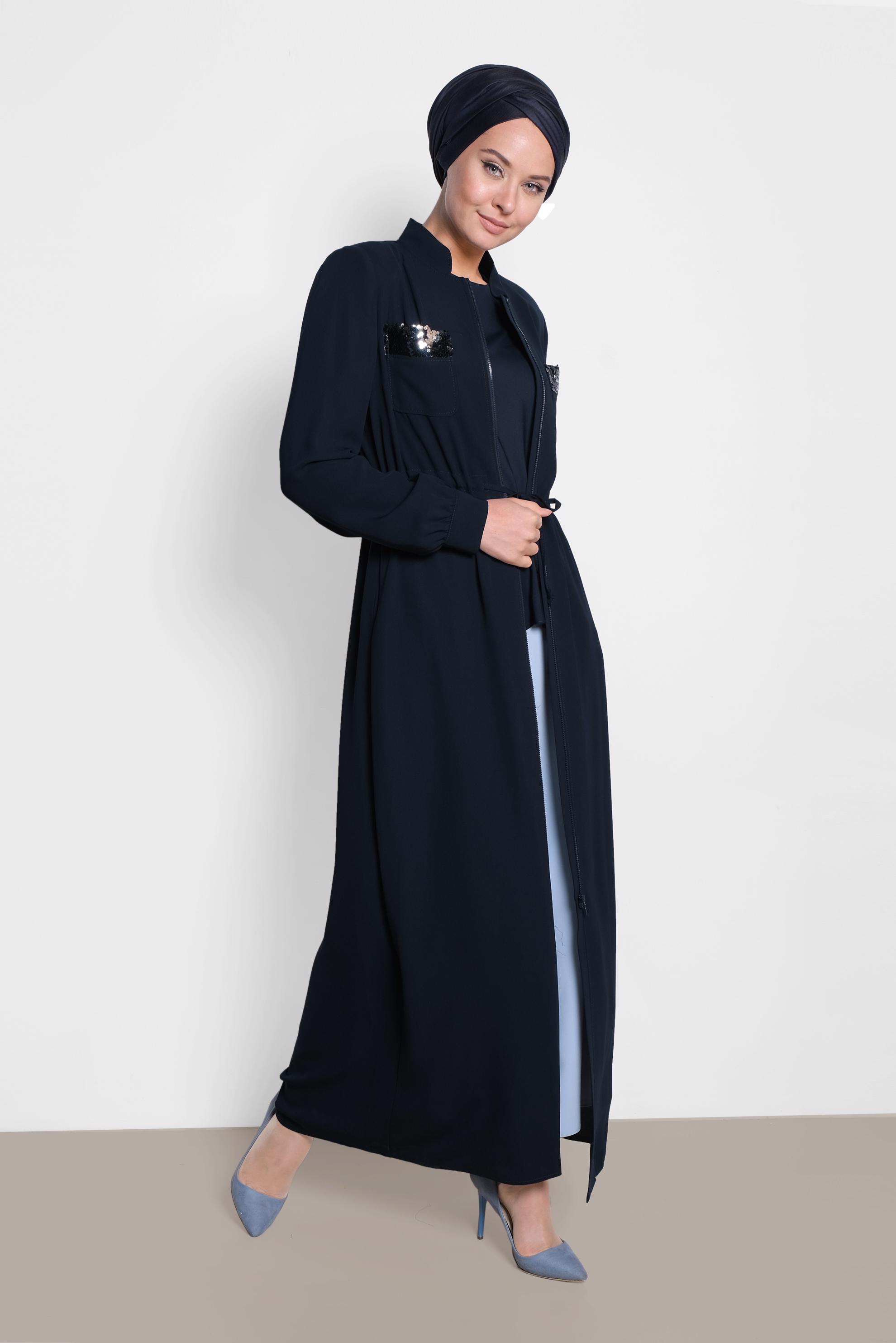 Tesettür giyim LACİVERT FERMUARLI PUL PAYETLİ FERACE 8315