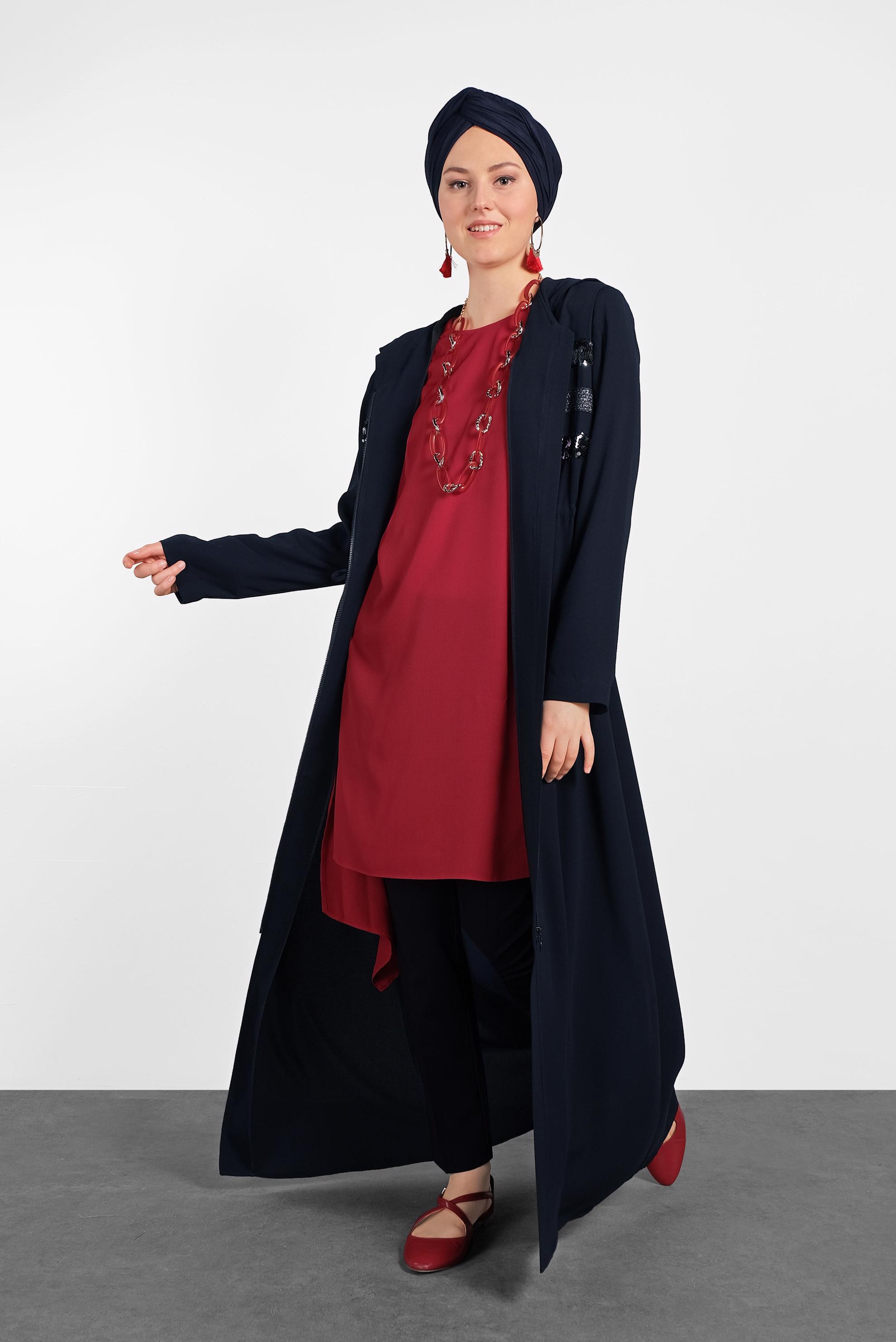 Tesettür giyim LACİVERT PUL PAYET DETAYLI FERMUARLI FERACE 8327