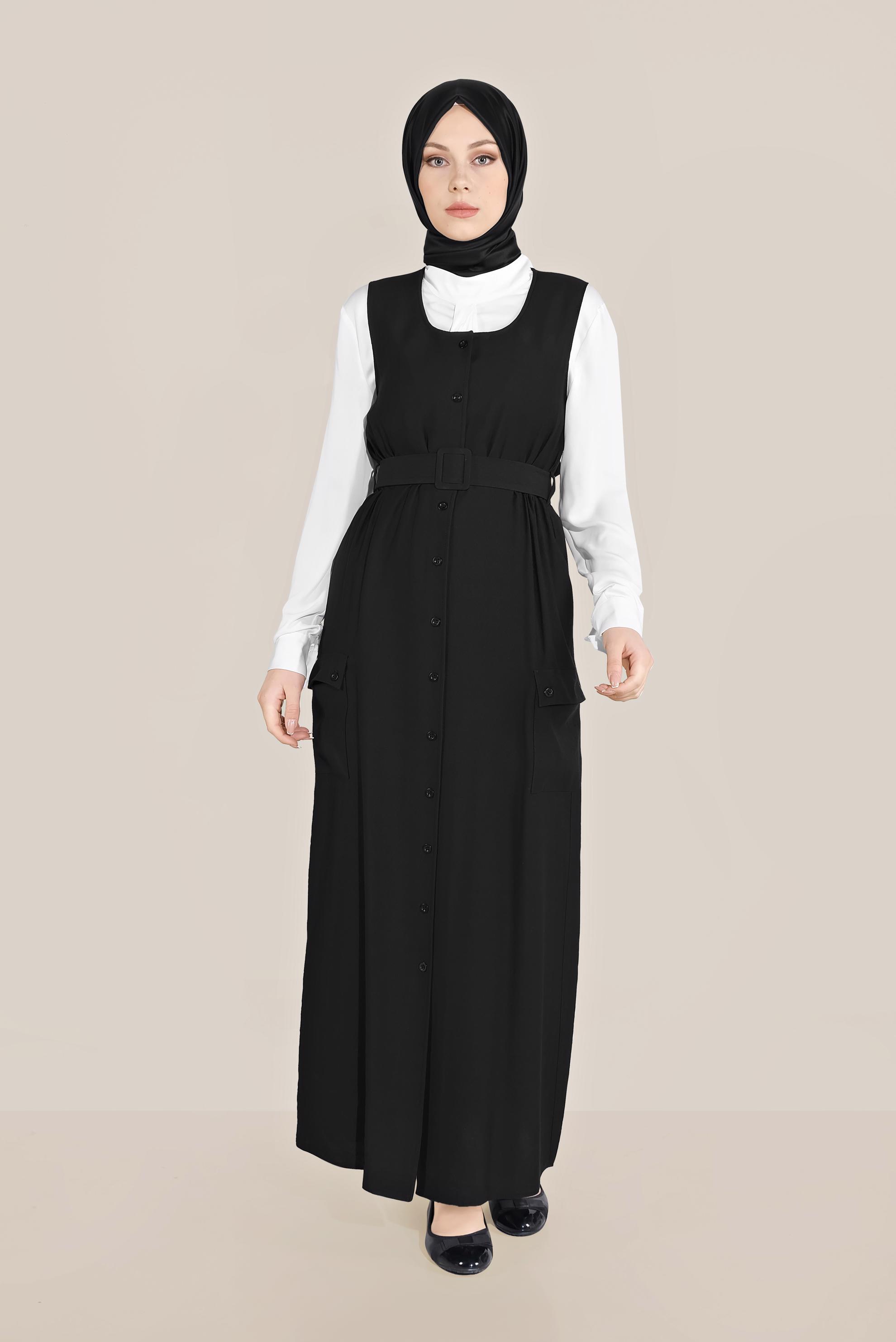 Tesettür giyim SİYAH BOYDAN DÜĞMELİ KEMERLİ JİLE 40690