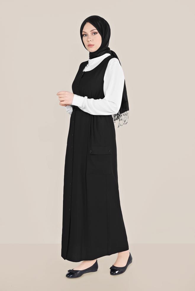 Tesettür giyim SİYAH BOYDAN DÜĞMELİ KEMERLİ JİLE 40690 - ALVİNA