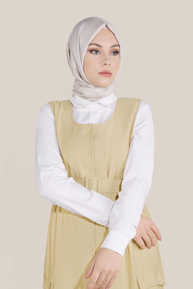 Tesettür giyim BEJ BOYDAN DÜĞMELİ KEMERLİ JİLE 40690 - ALVİNA