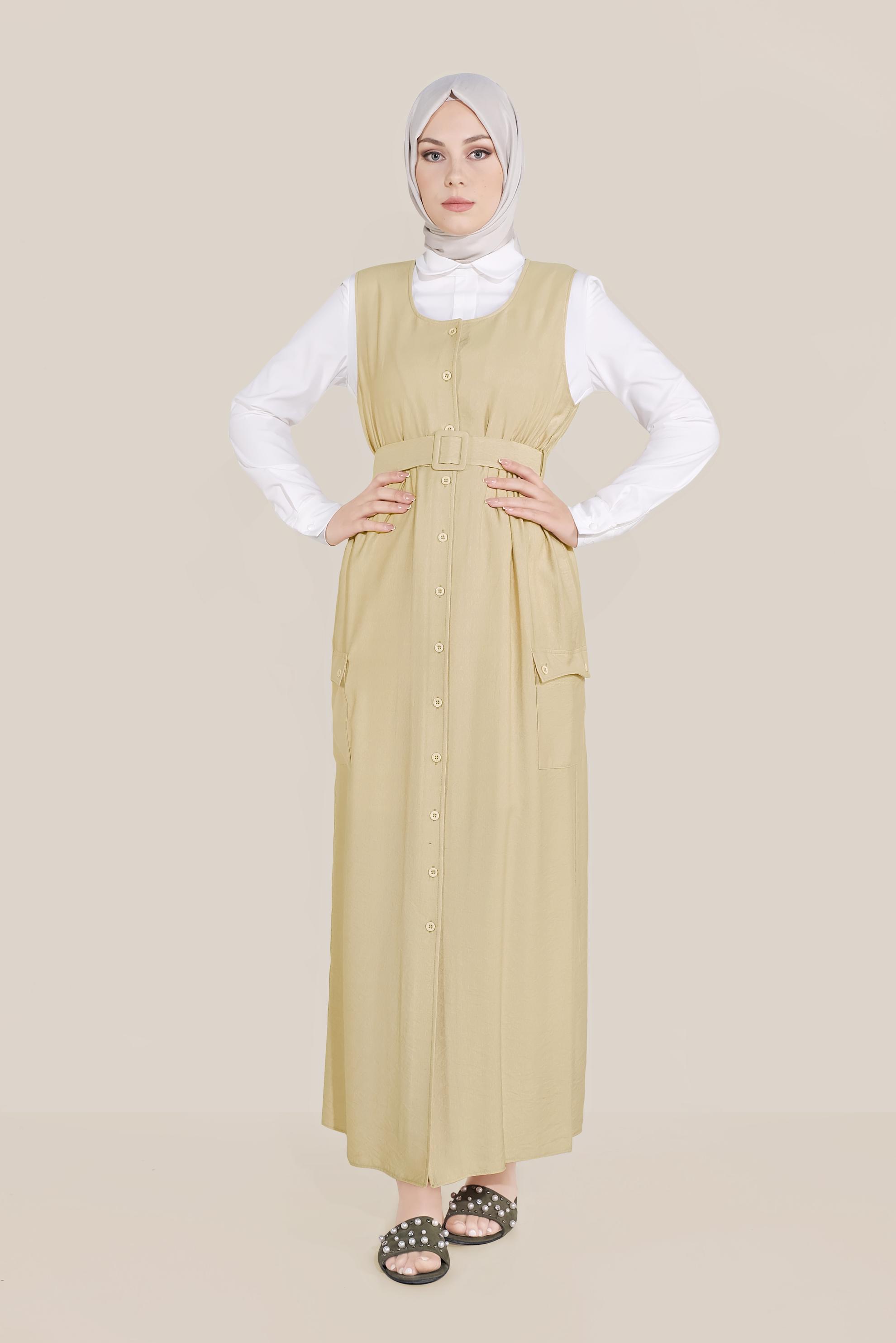 Tesettür giyim BEJ BOYDAN DÜĞMELİ KEMERLİ JİLE 40690