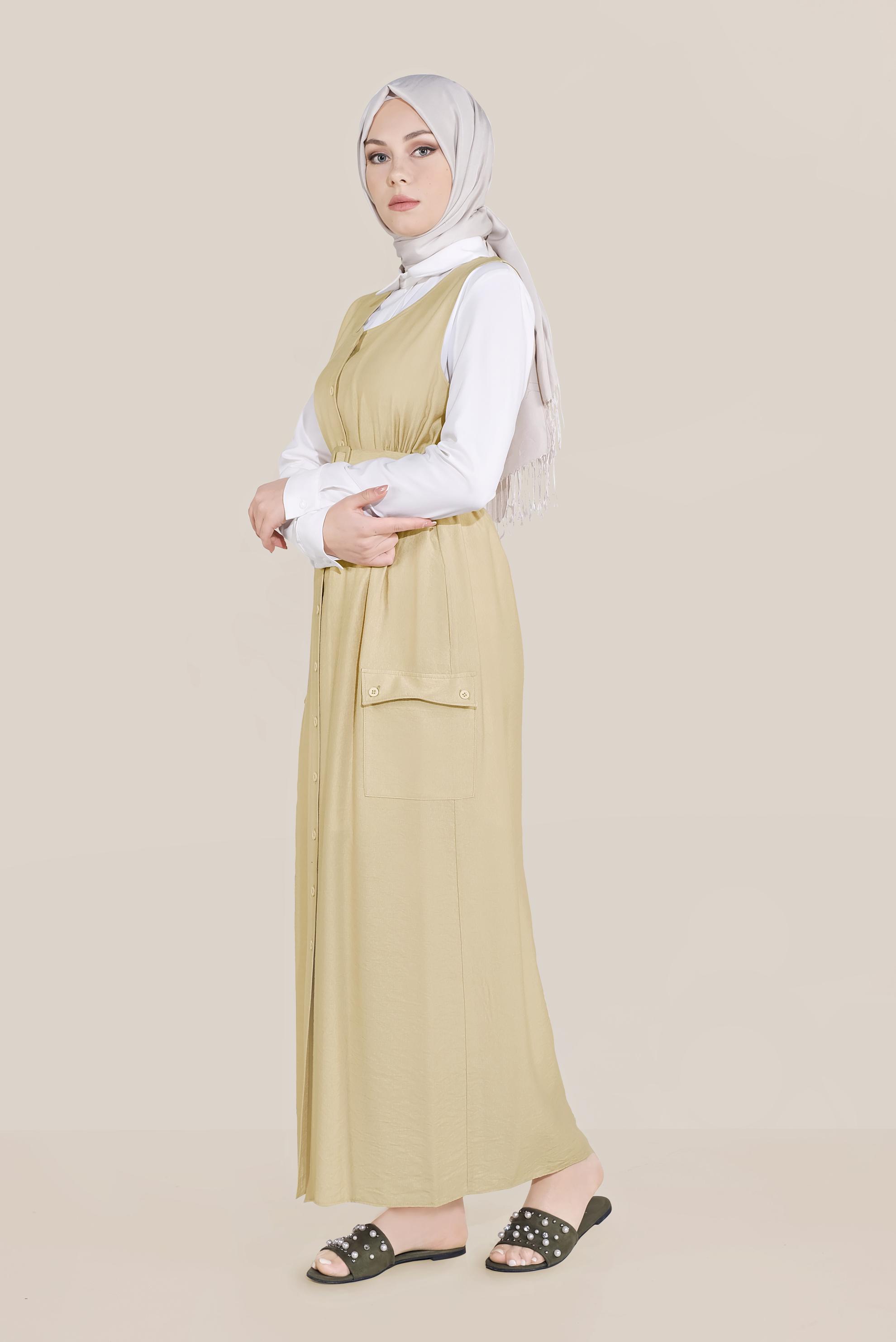 Tesettür giyim BEJ BOYDAN DÜĞMELİ KEMERLİ JİLE 40690