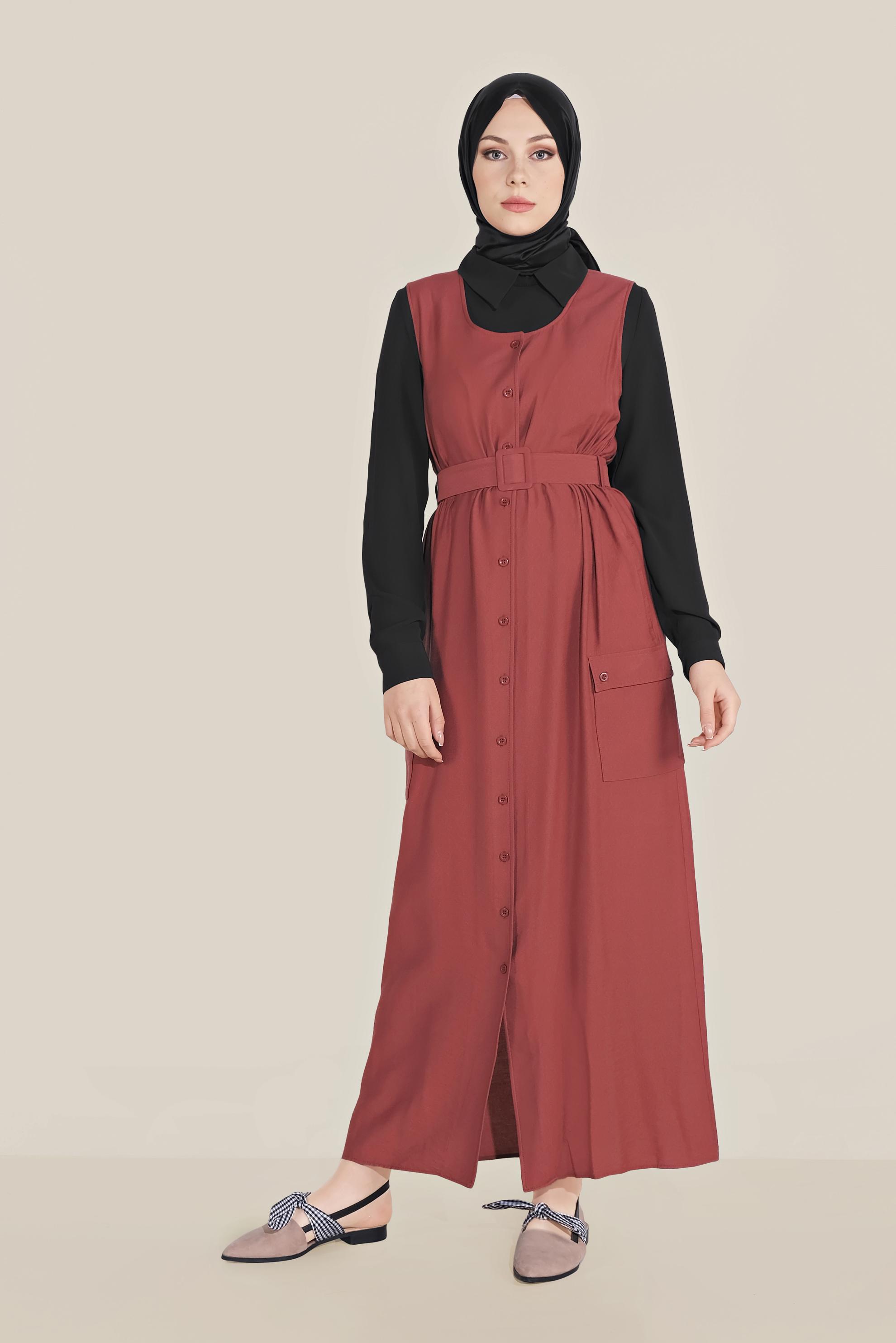 Tesettür giyim BORDO BOYDAN DÜĞMELİ KEMERLİ JİLE 40690