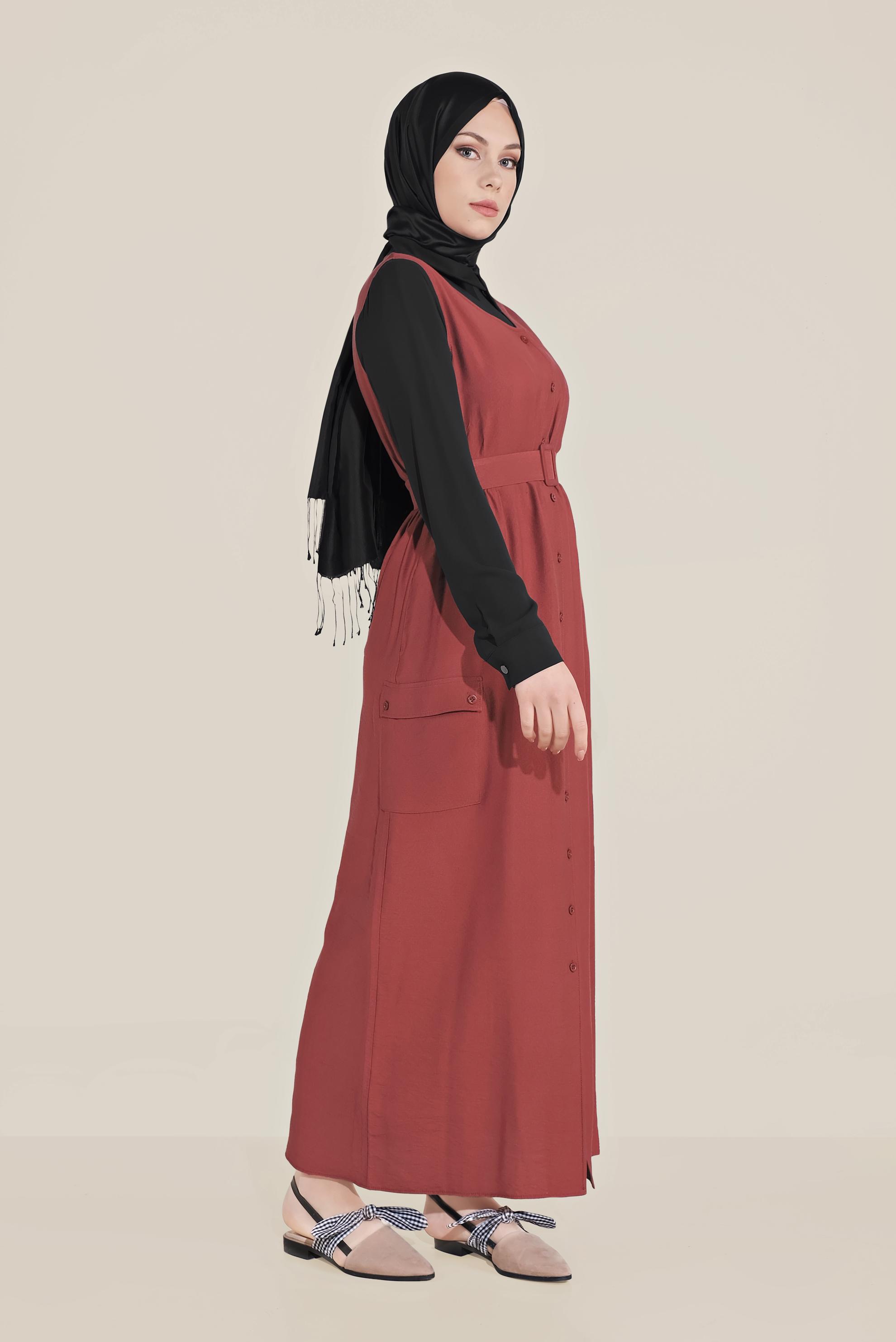 Tesettür giyim BORDO BOYDAN DÜĞMELİ KEMERLİ JİLE 40690