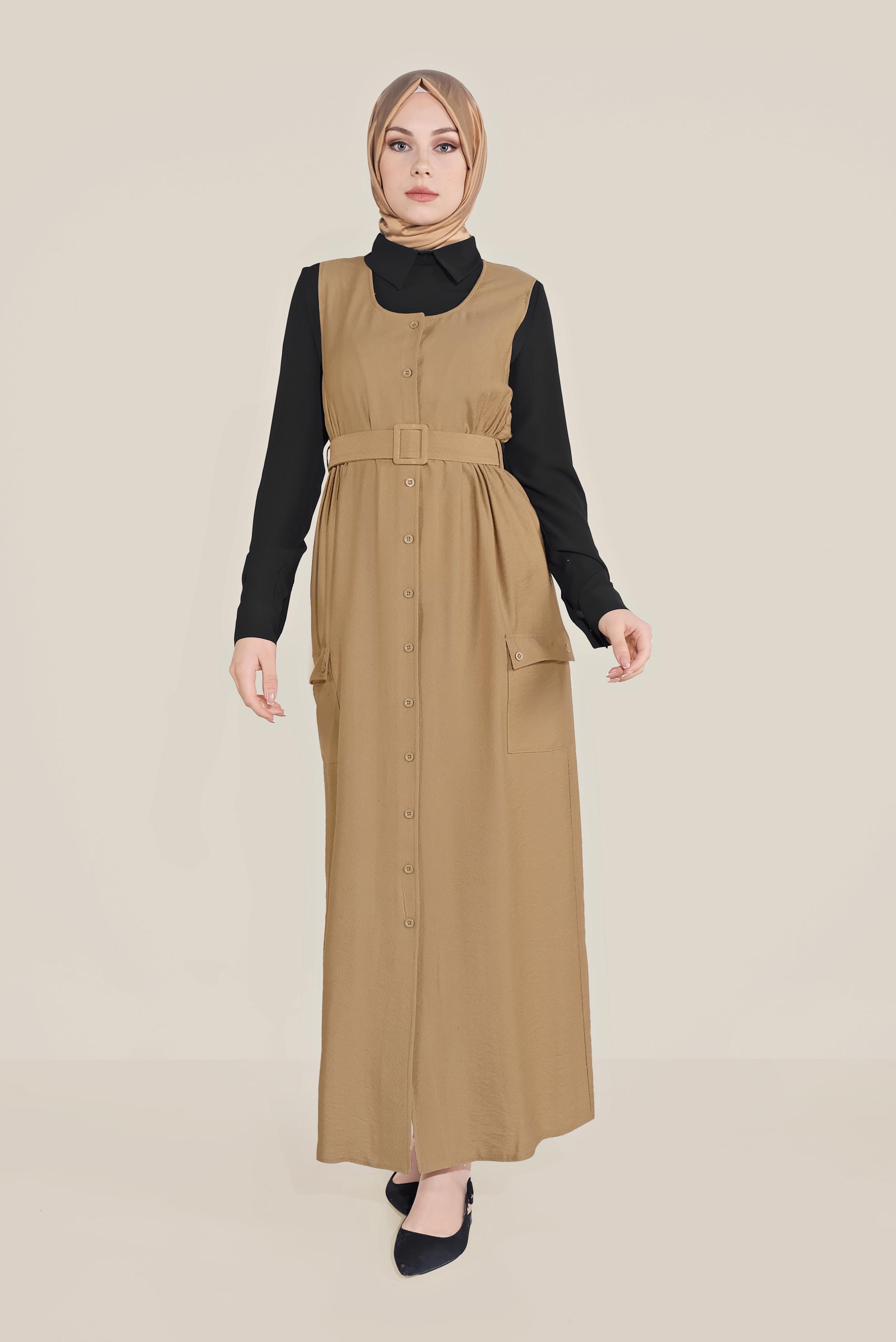 Tesettür giyim KAHVE BOYDAN DÜĞMELİ KEMERLİ JİLE 40690