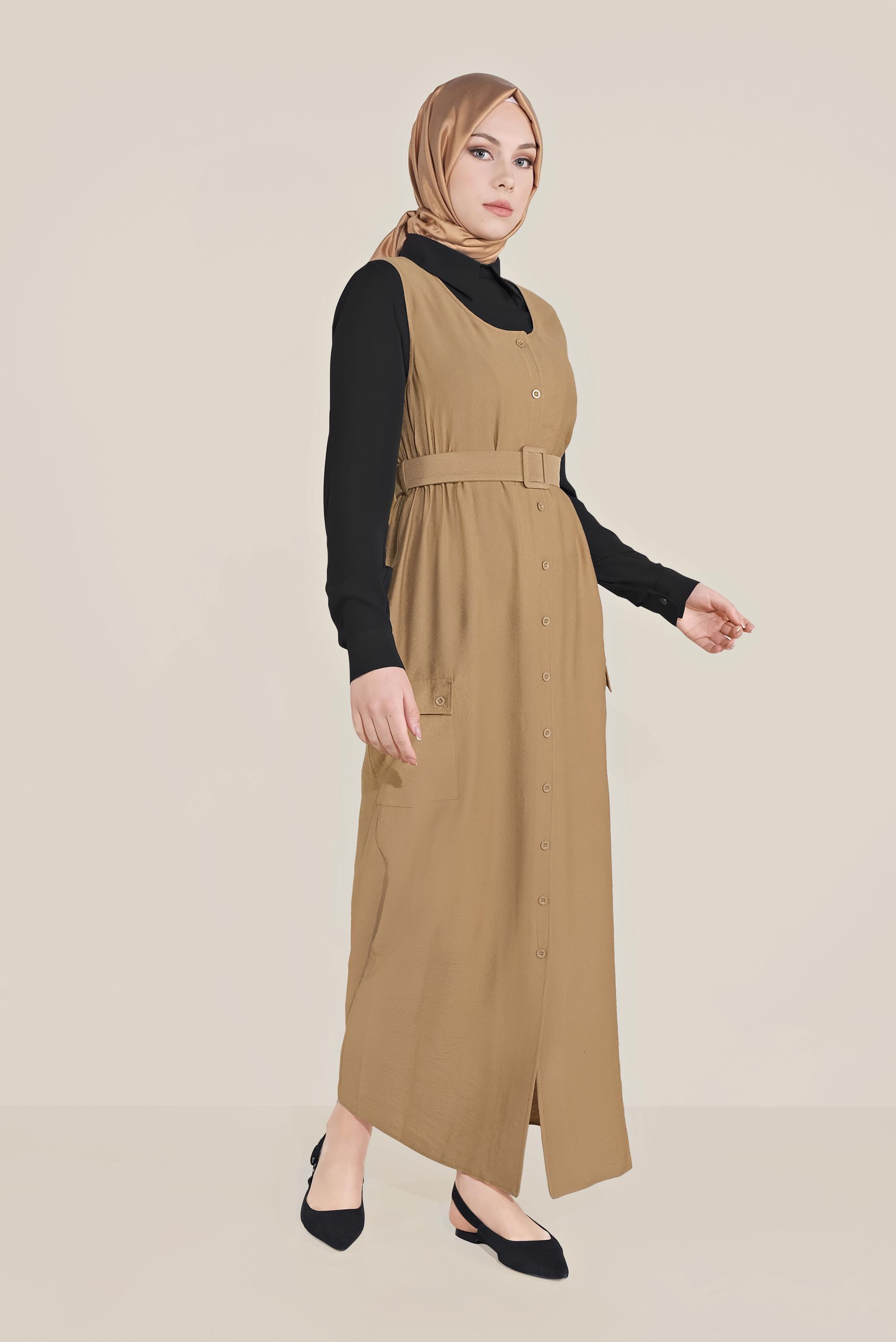Tesettür giyim KAHVE BOYDAN DÜĞMELİ KEMERLİ JİLE 40690