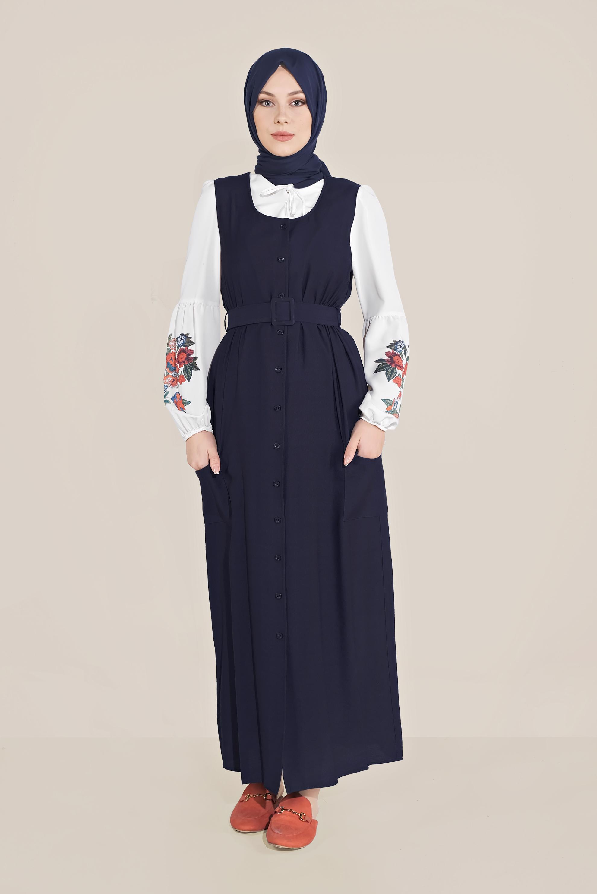 Tesettür giyim LACİVERT BOYDAN DÜĞMELİ KEMERLİ JİLE 40690