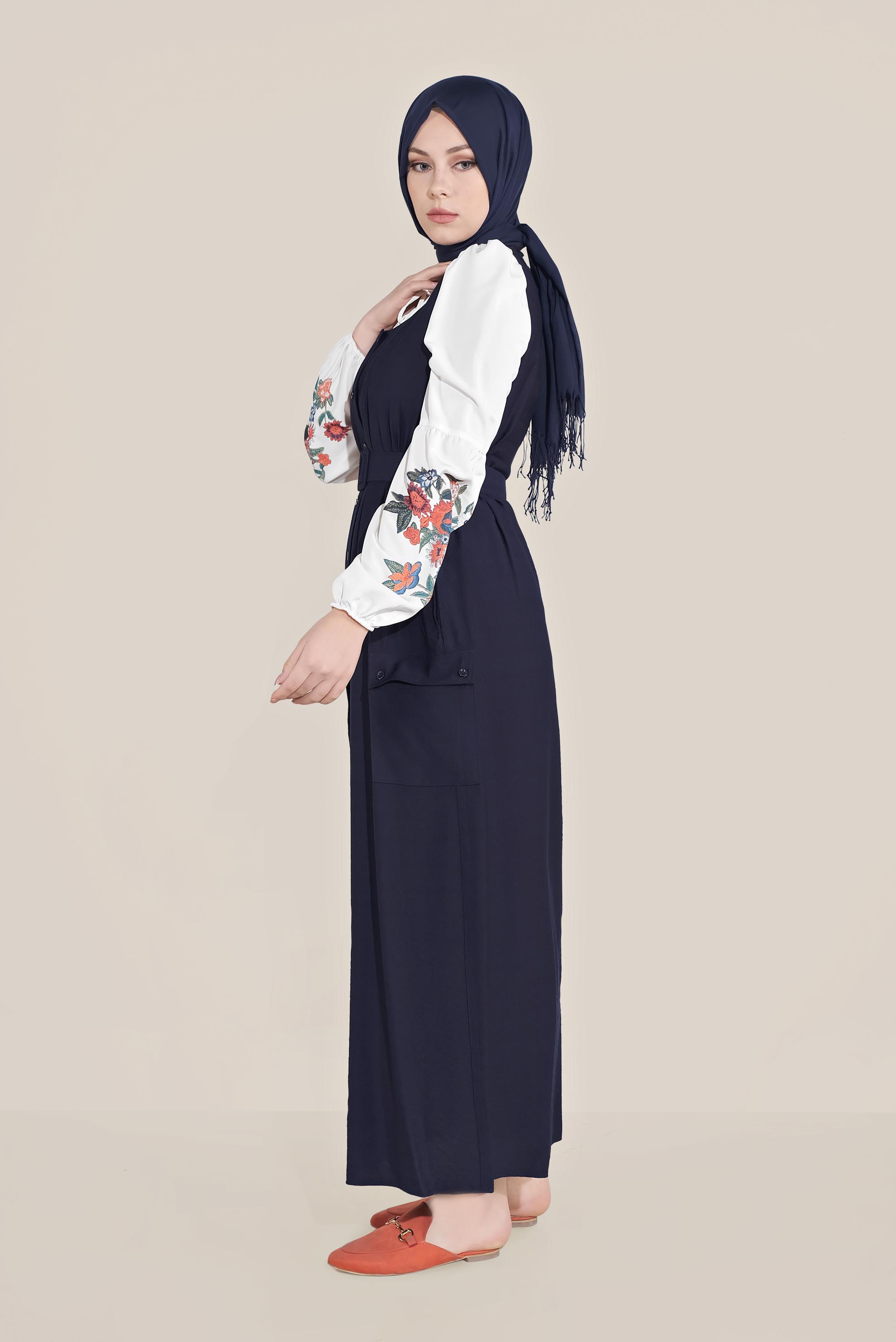 Tesettür giyim LACİVERT BOYDAN DÜĞMELİ KEMERLİ JİLE 40690