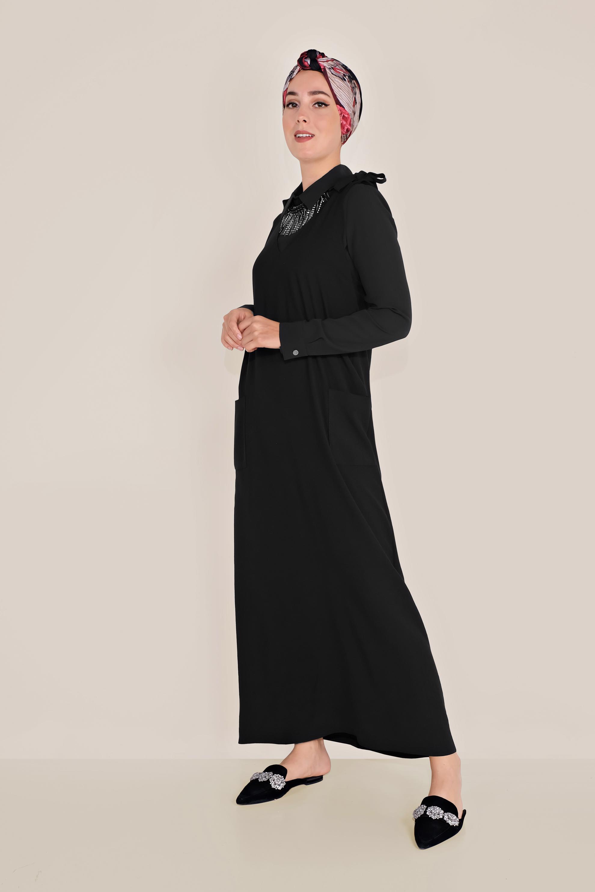 Tesettür giyim SİYAH OMUZDAN BAĞLAMALI CEPLİ JİLE 40758 