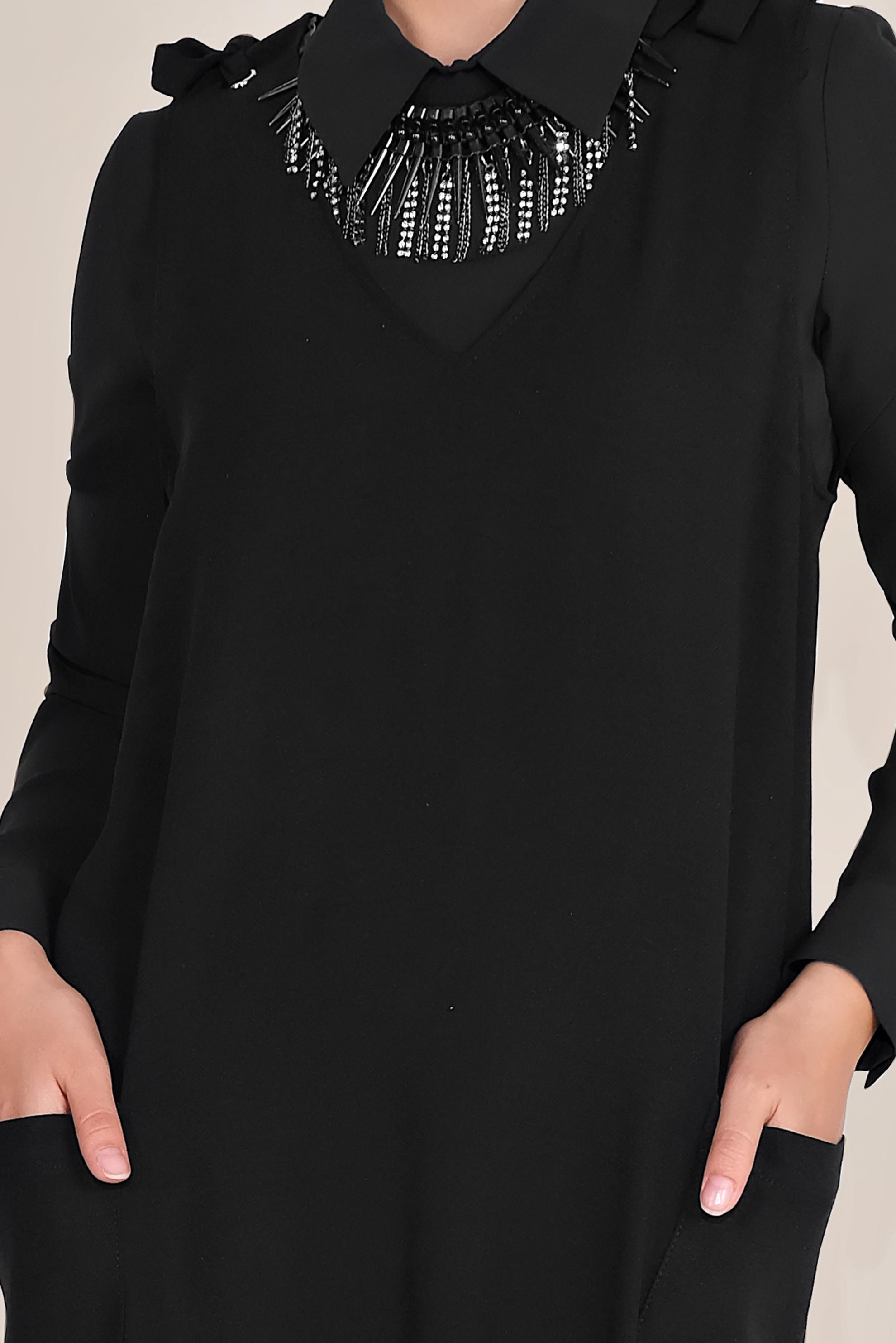 Tesettür giyim SİYAH OMUZDAN BAĞLAMALI CEPLİ JİLE 40758 