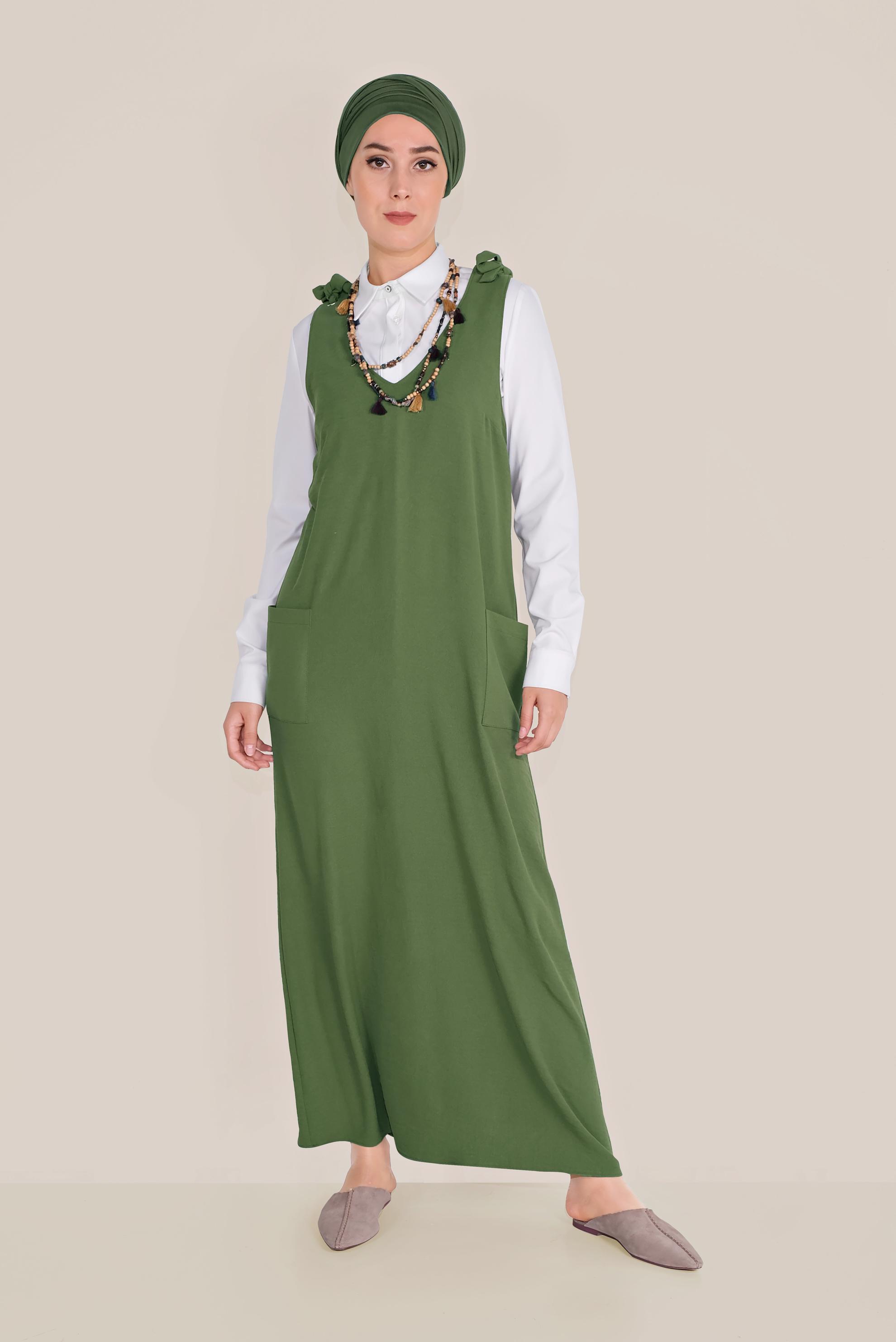 Tesettür giyim HAKİ OMUZDAN BAĞLAMALI CEPLİ JİLE 40758 