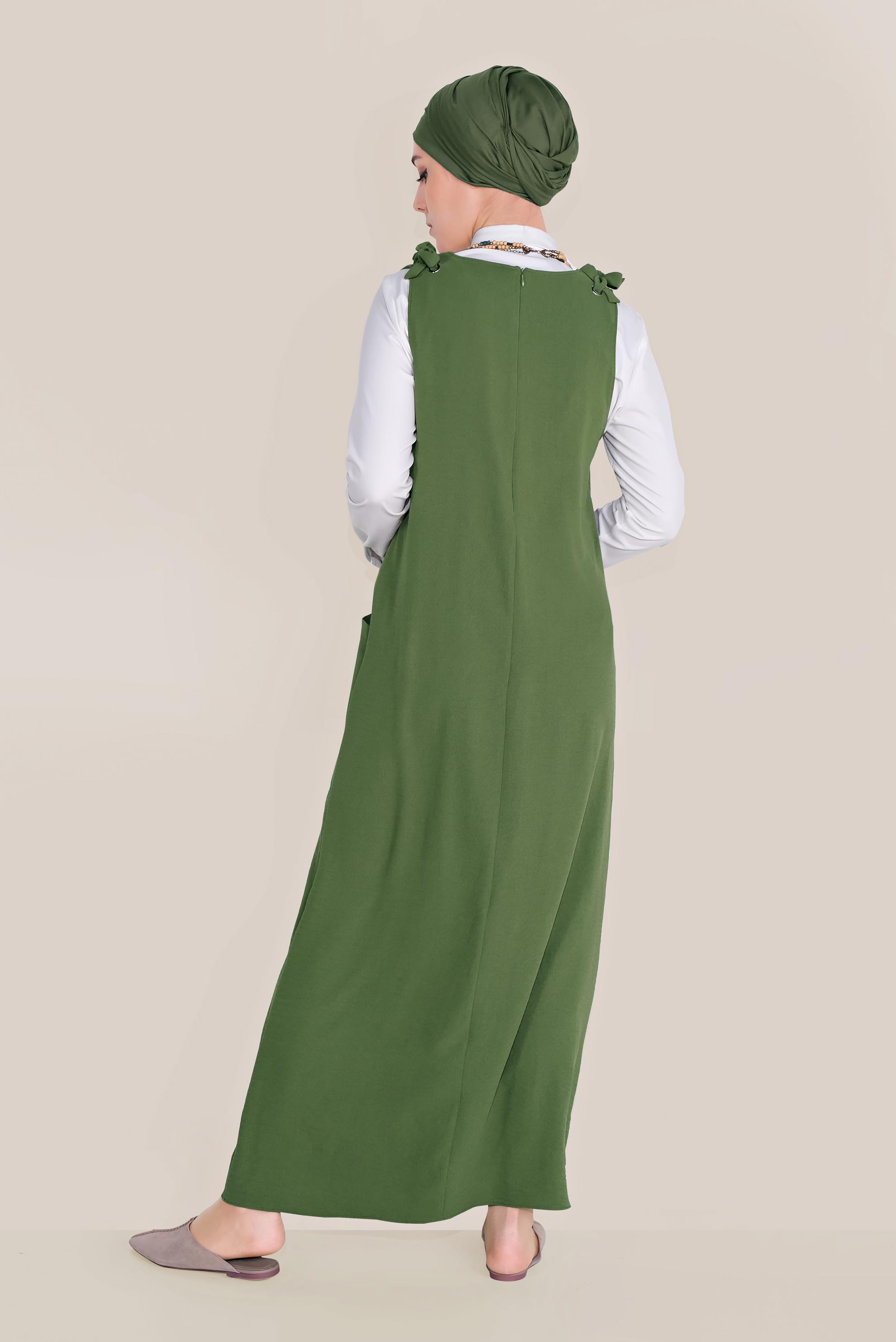 Tesettür giyim HAKİ OMUZDAN BAĞLAMALI CEPLİ JİLE 40758 