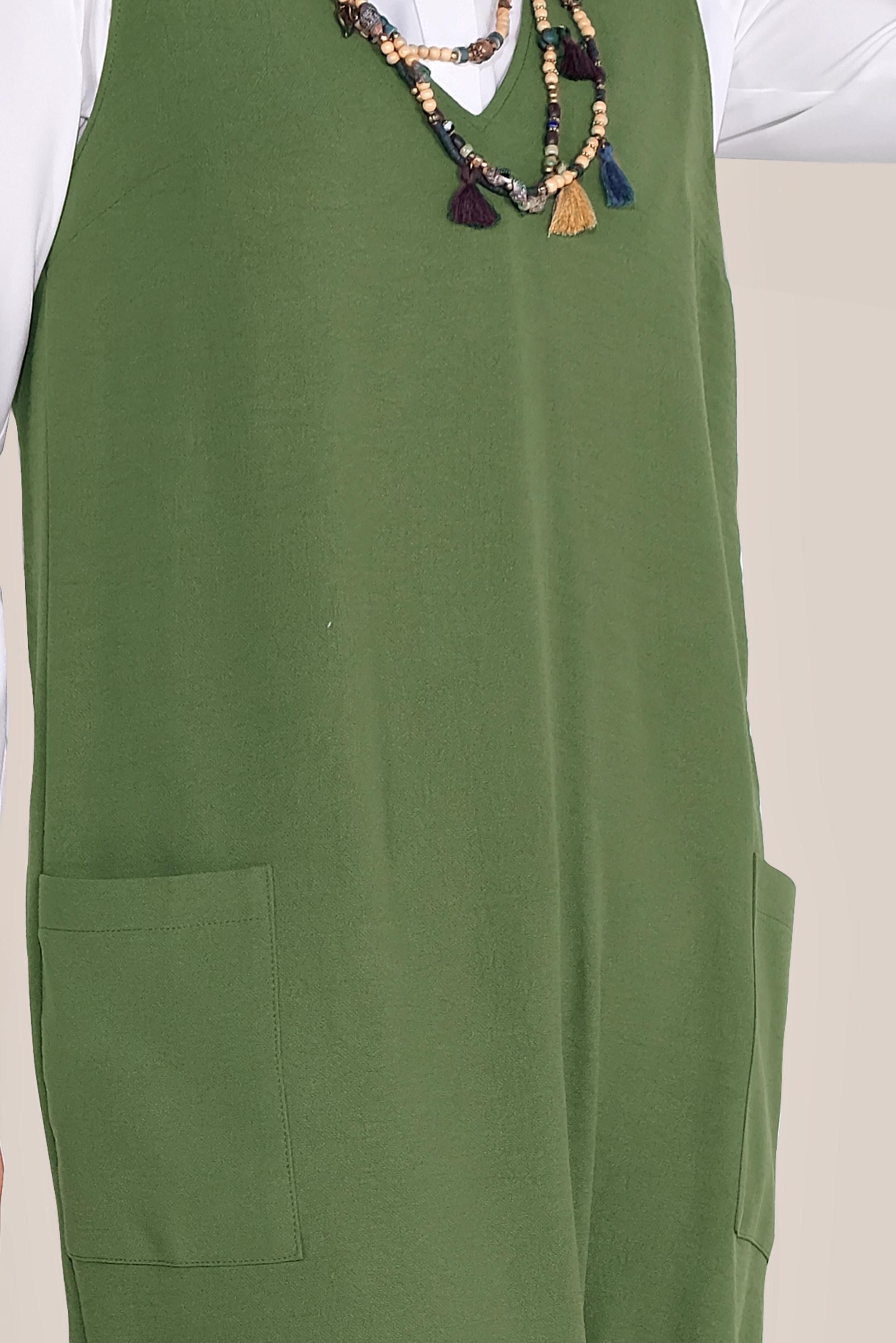 Tesettür giyim HAKİ OMUZDAN BAĞLAMALI CEPLİ JİLE 40758 