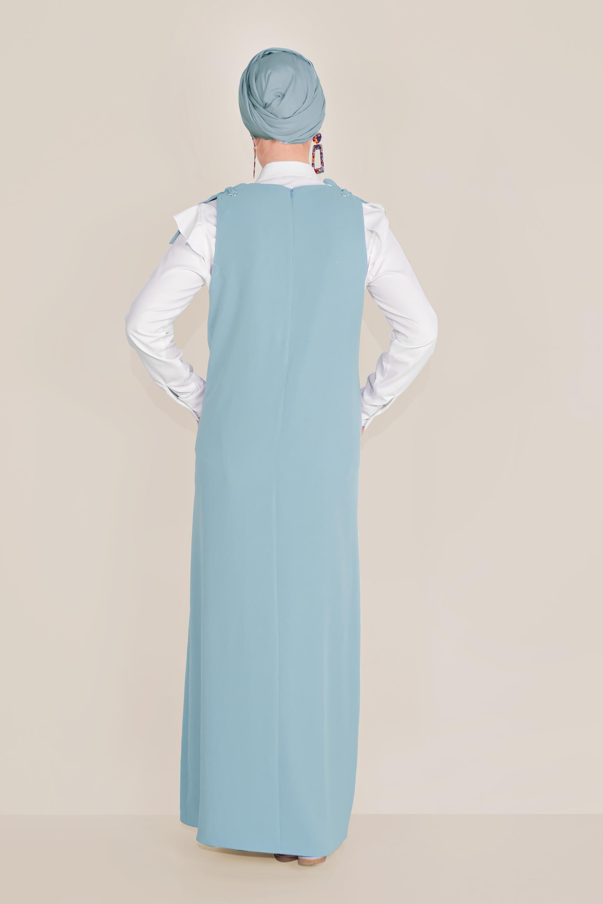 Tesettür giyim MAVİ OMUZDAN BAĞLAMALI CEPLİ JİLE 40758 