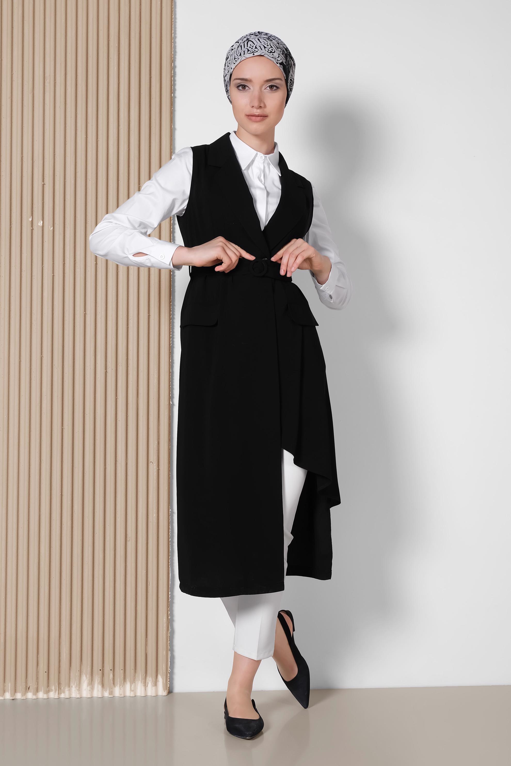 Tesettür giyim SİYAH ASİMETRİK KESİM YELEK 4284