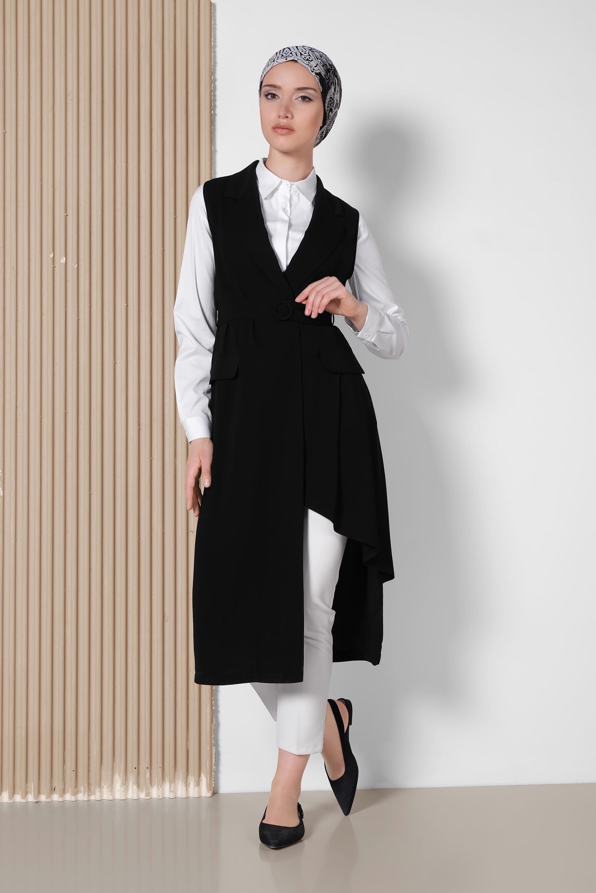 Tesettür giyim SİYAH ASİMETRİK KESİM YELEK 4284