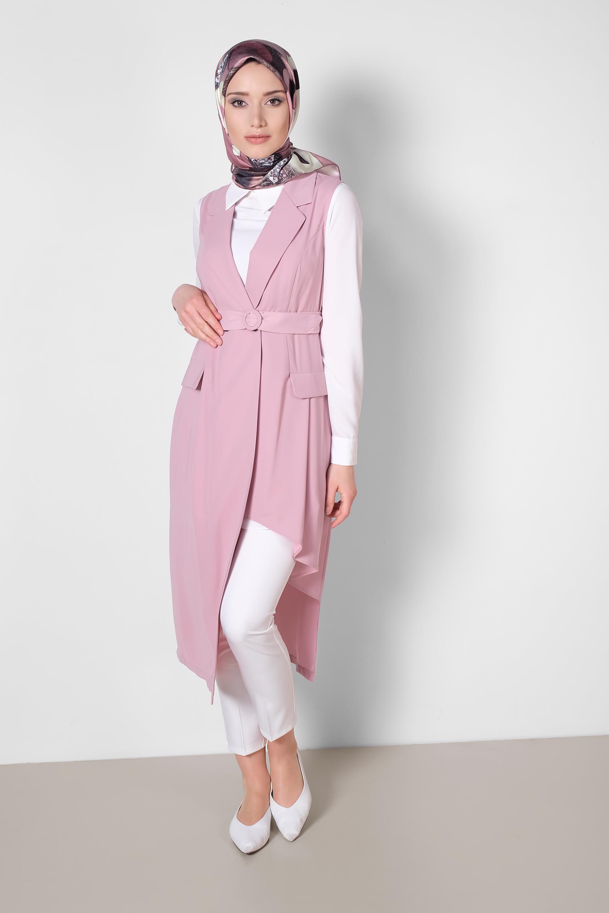 Tesettür giyim PUDRA ASİMETRİK KESİM YELEK 4284