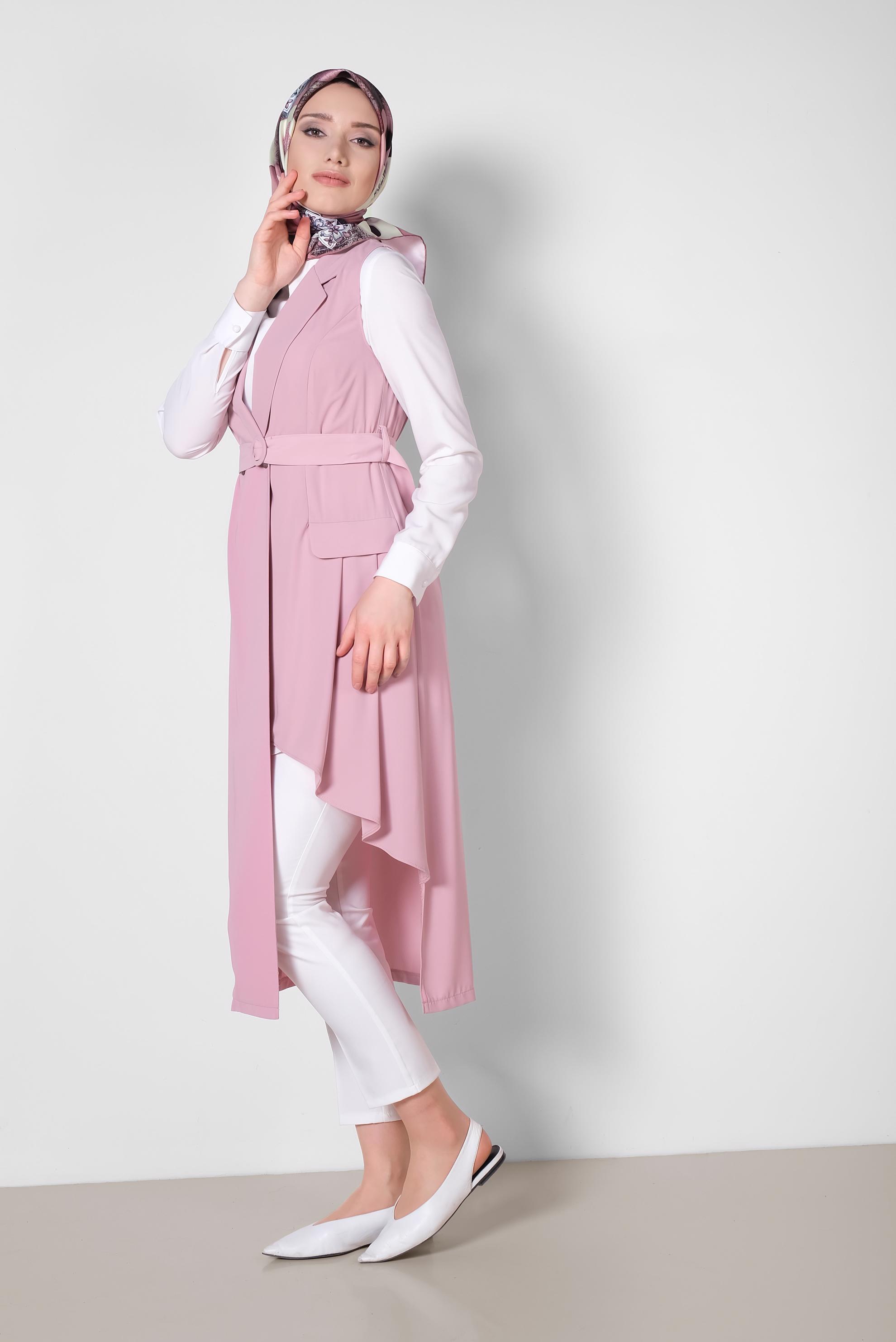 Tesettür giyim PUDRA ASİMETRİK KESİM YELEK 4284