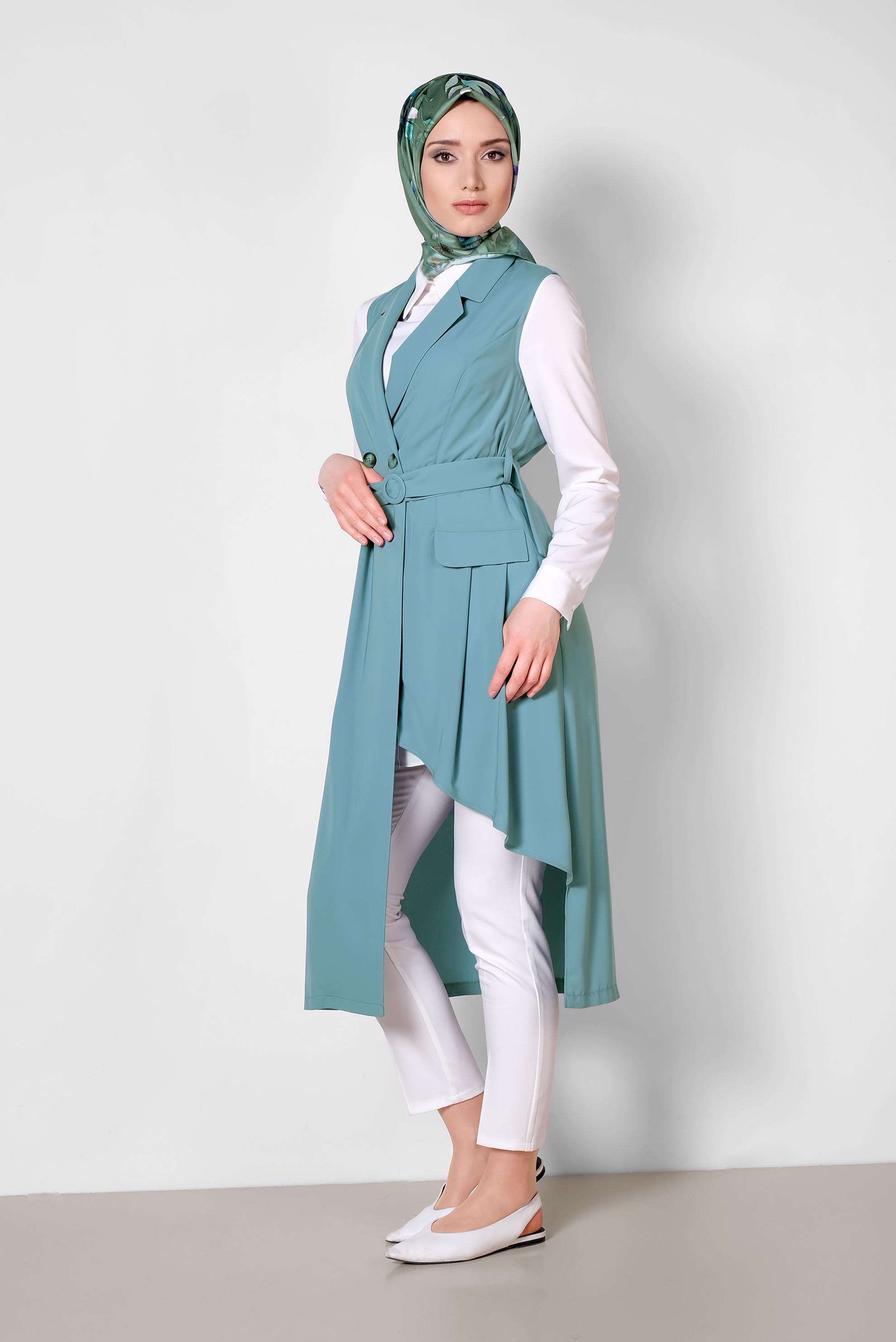 Tesettür giyim YEŞİL ASİMETRİK KESİM YELEK 4284