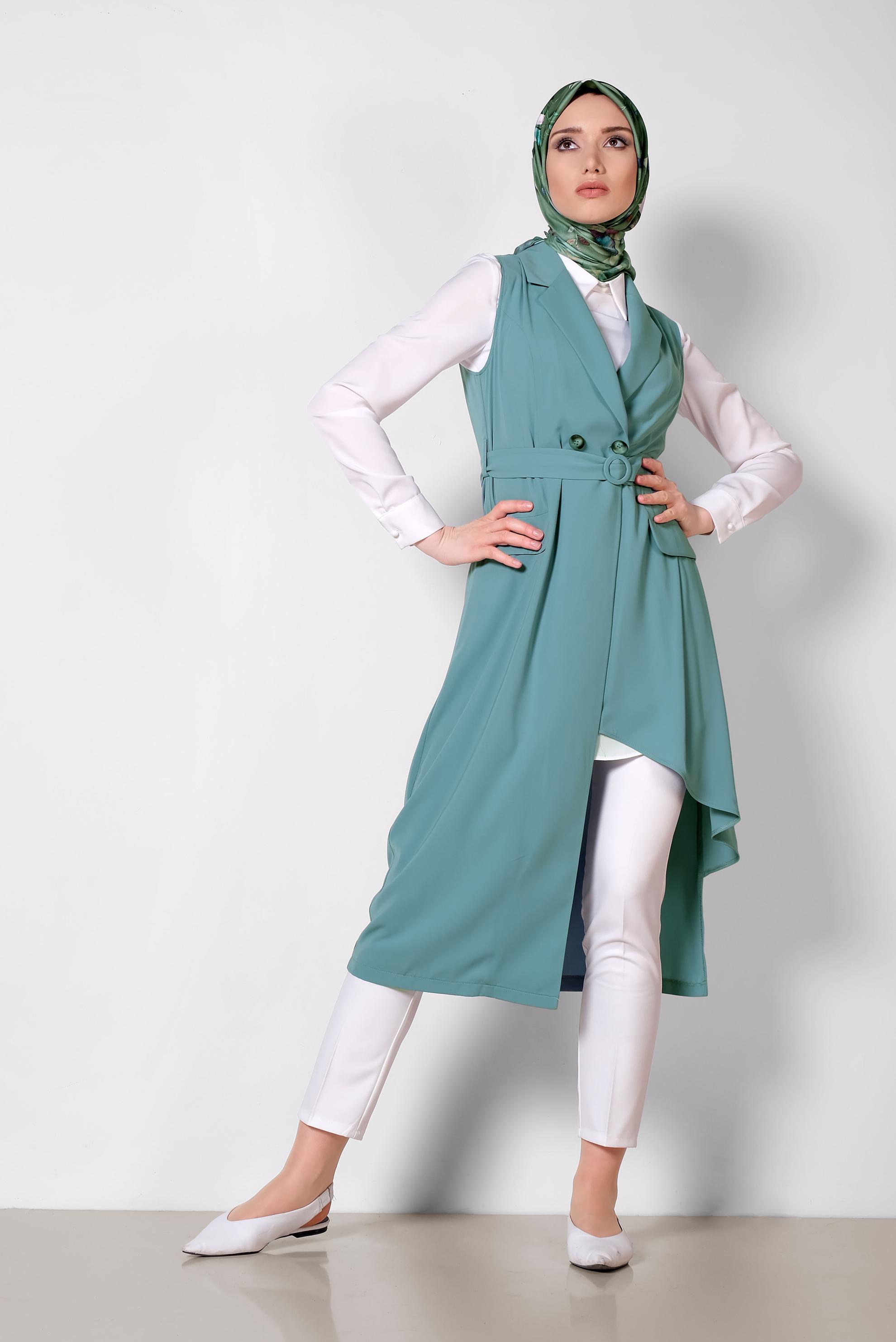 Tesettür giyim YEŞİL ASİMETRİK KESİM YELEK 4284