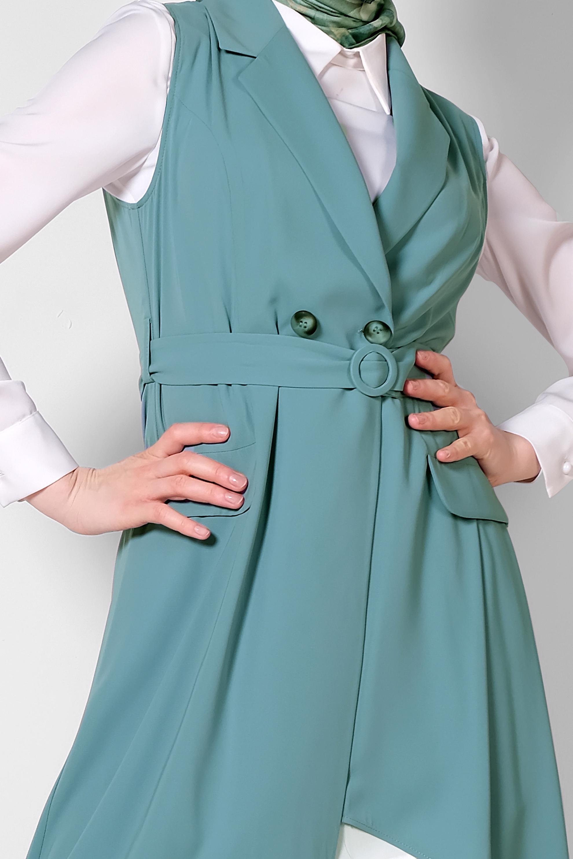 Tesettür giyim YEŞİL ASİMETRİK KESİM YELEK 4284