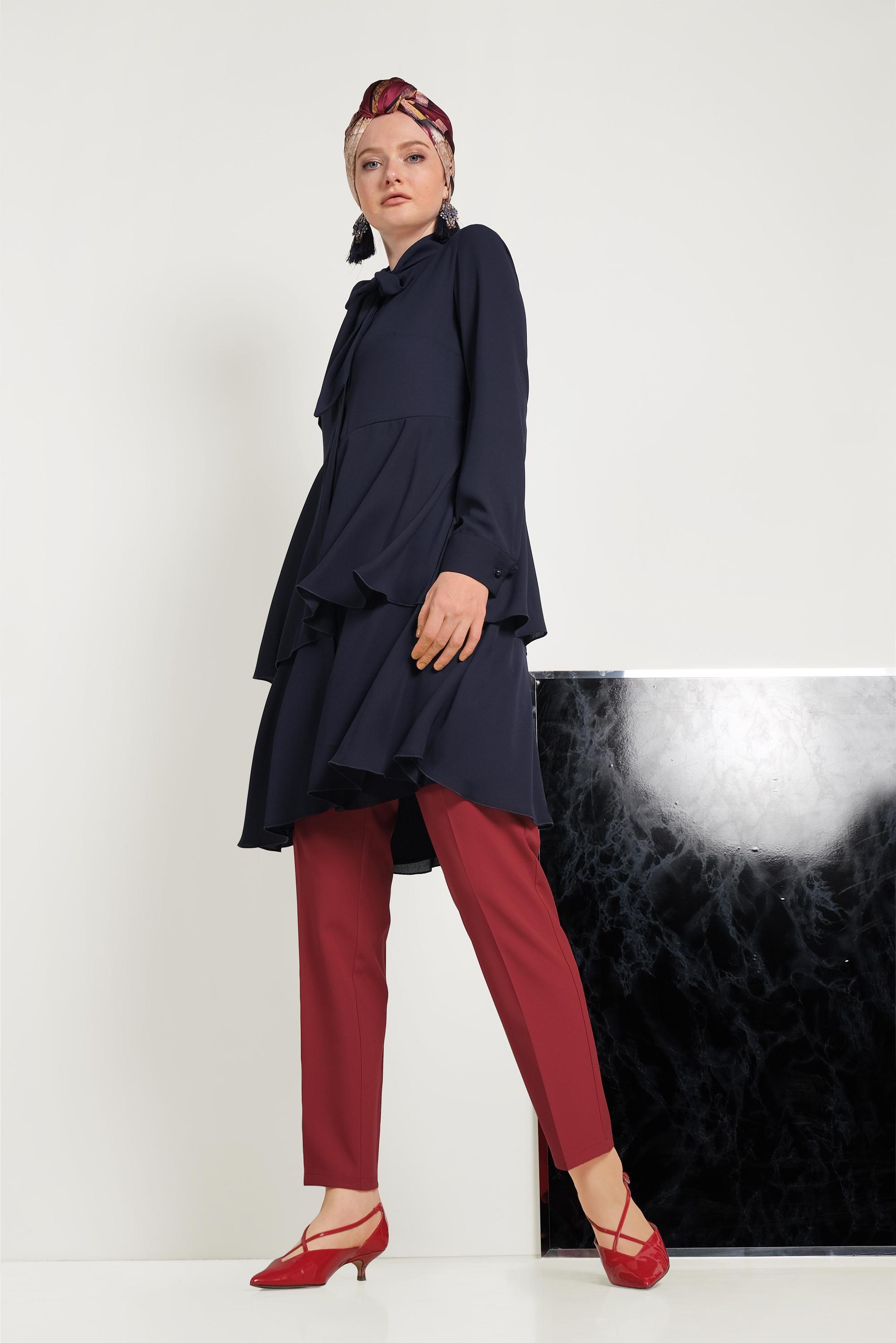 Tesettür giyim KIRMIZI ARA BEL KUMAŞ PANTOLON 70076