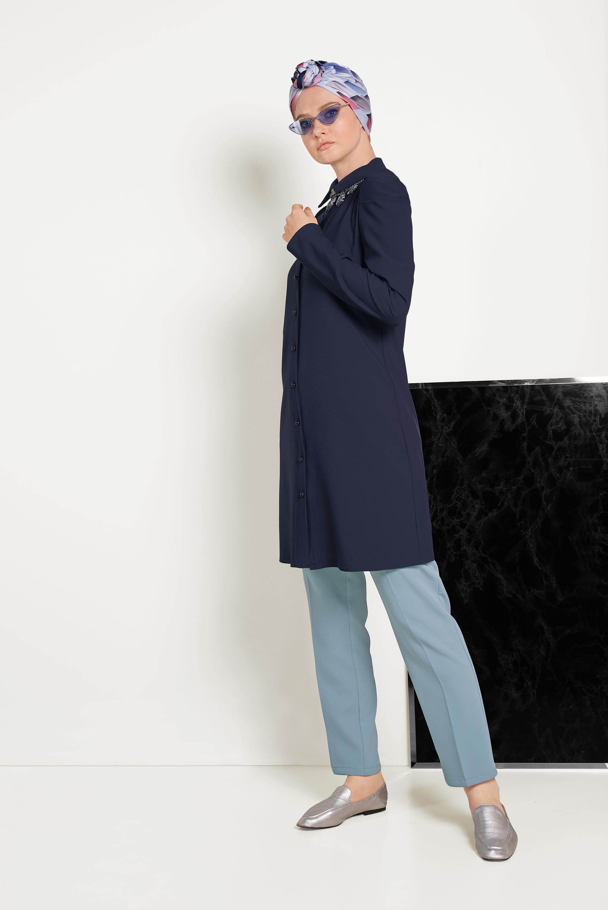 Tesettür giyim MAVİ ARA BEL KUMAŞ PANTOLON 70076