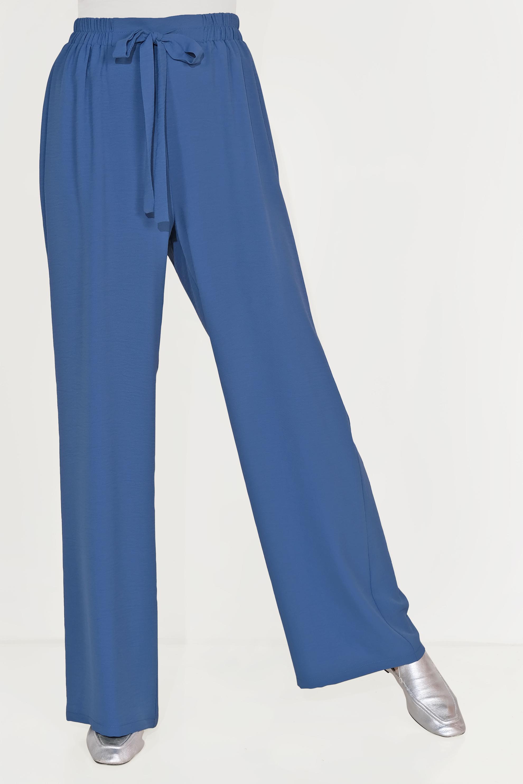 Tesettür giyim MAVİ BELİ LASTİKLİ KUŞAKLI PANTOLON 70077