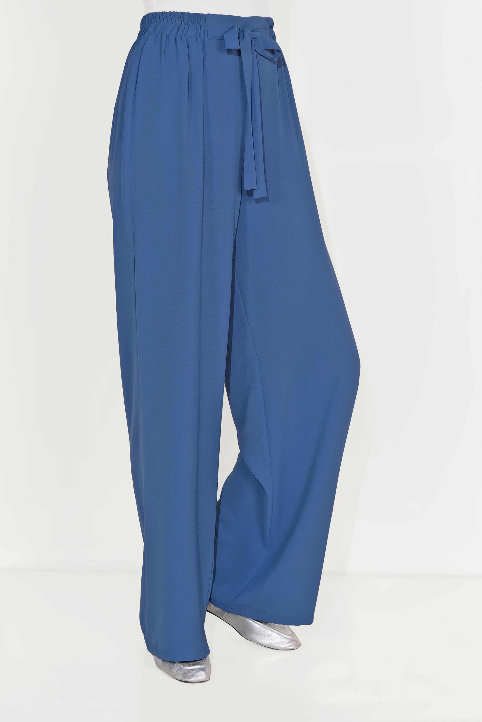 Tesettür giyim MAVİ BELİ LASTİKLİ KUŞAKLI PANTOLON 70077