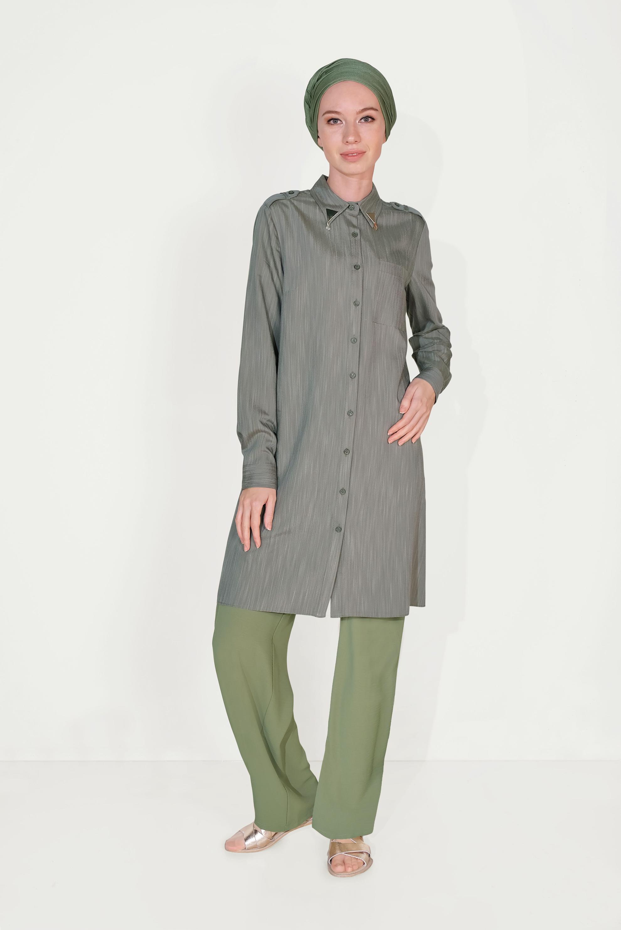 Tesettür giyim YEŞİL BELİ LASTİKLİ KUŞAKLI PANTOLON 70077