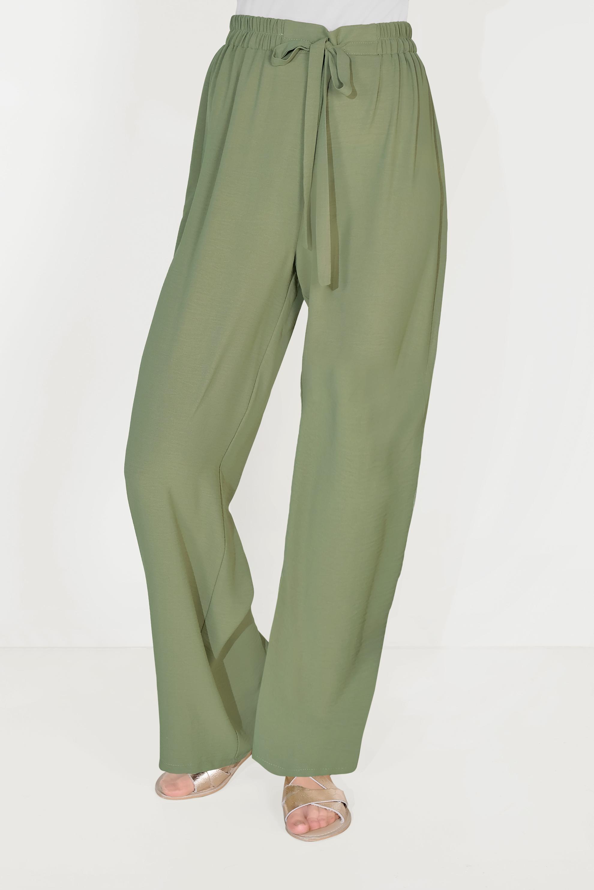 Tesettür giyim YEŞİL BELİ LASTİKLİ KUŞAKLI PANTOLON 70077