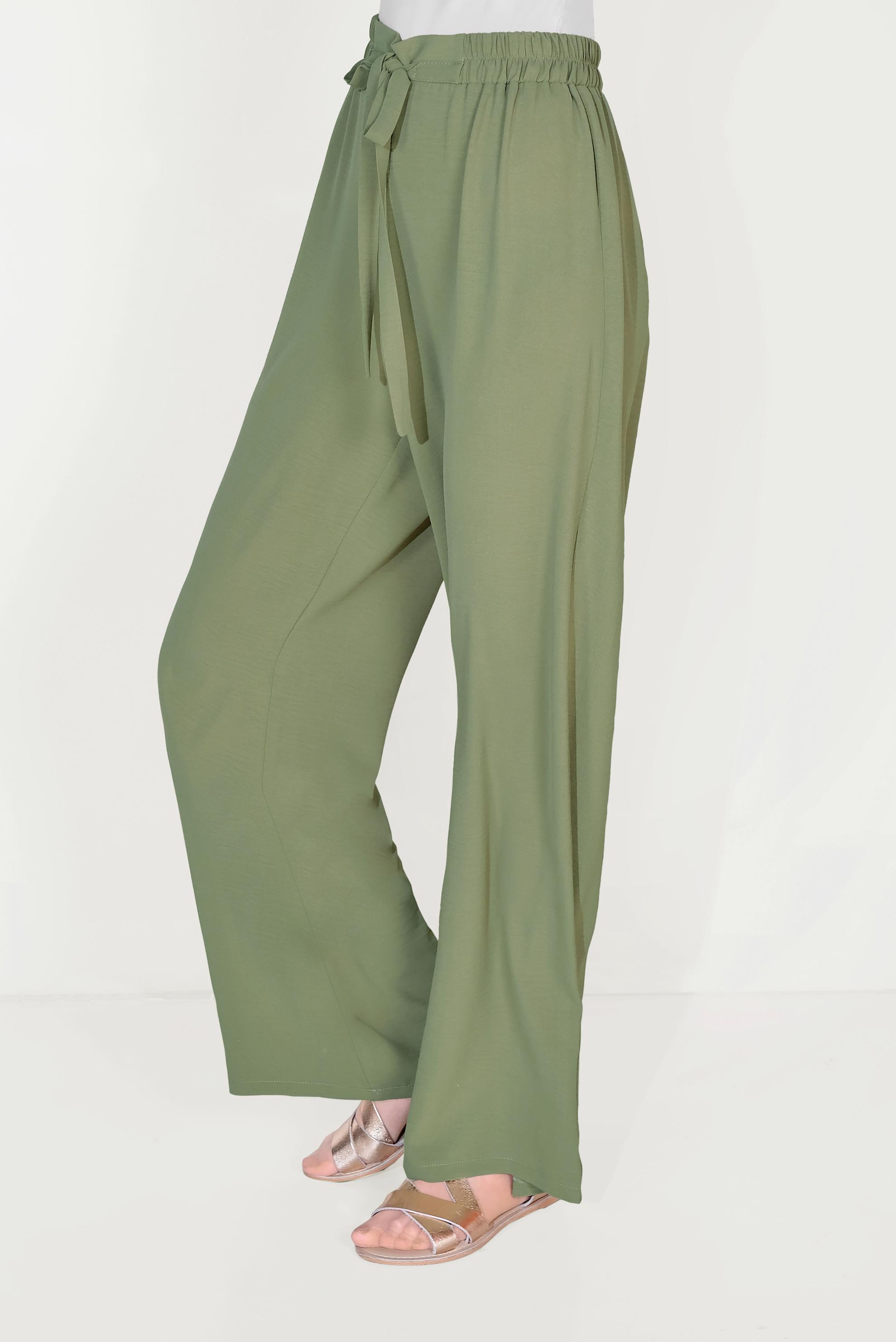 Tesettür giyim YEŞİL BELİ LASTİKLİ KUŞAKLI PANTOLON 70077