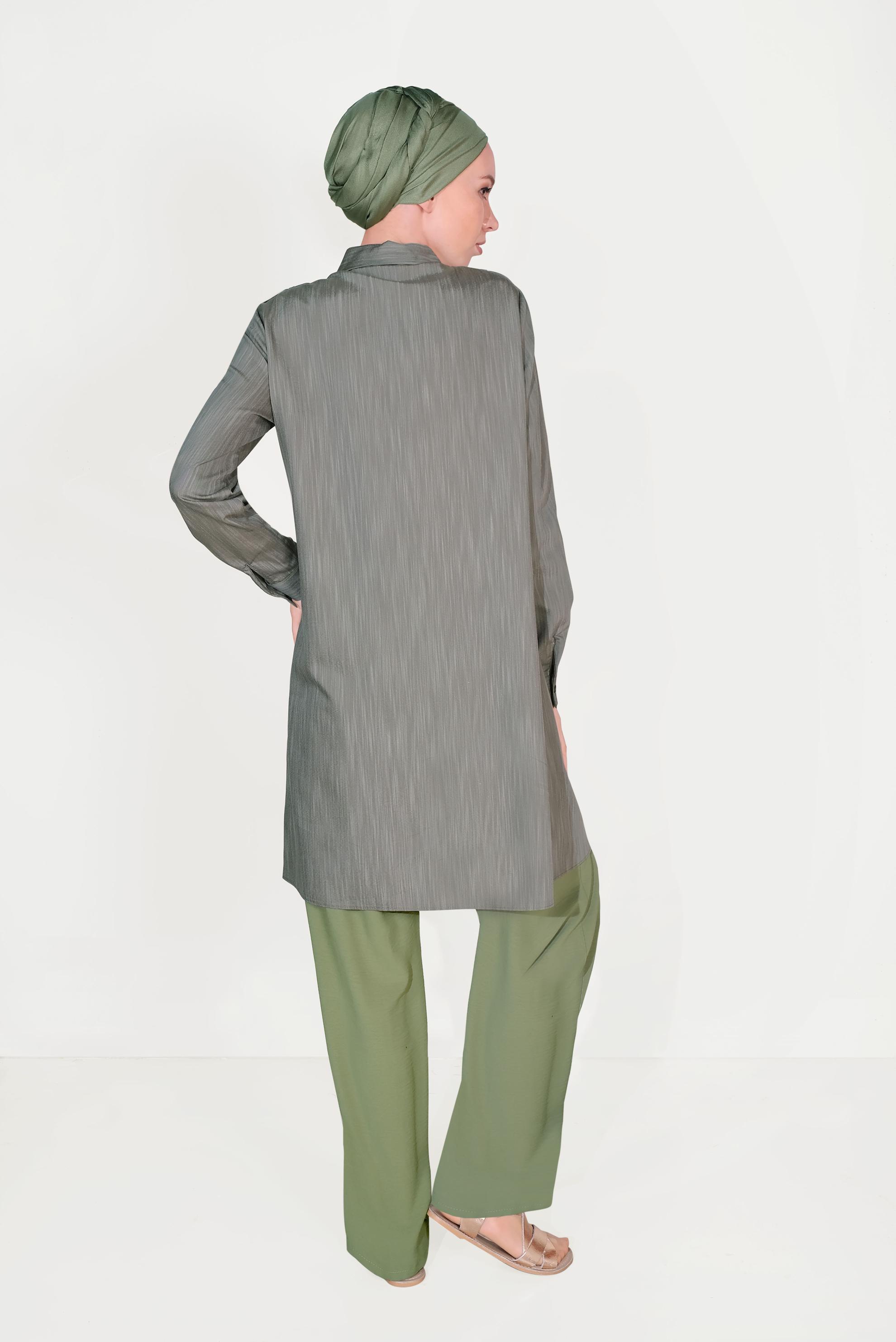 Tesettür giyim YEŞİL BELİ LASTİKLİ KUŞAKLI PANTOLON 70077