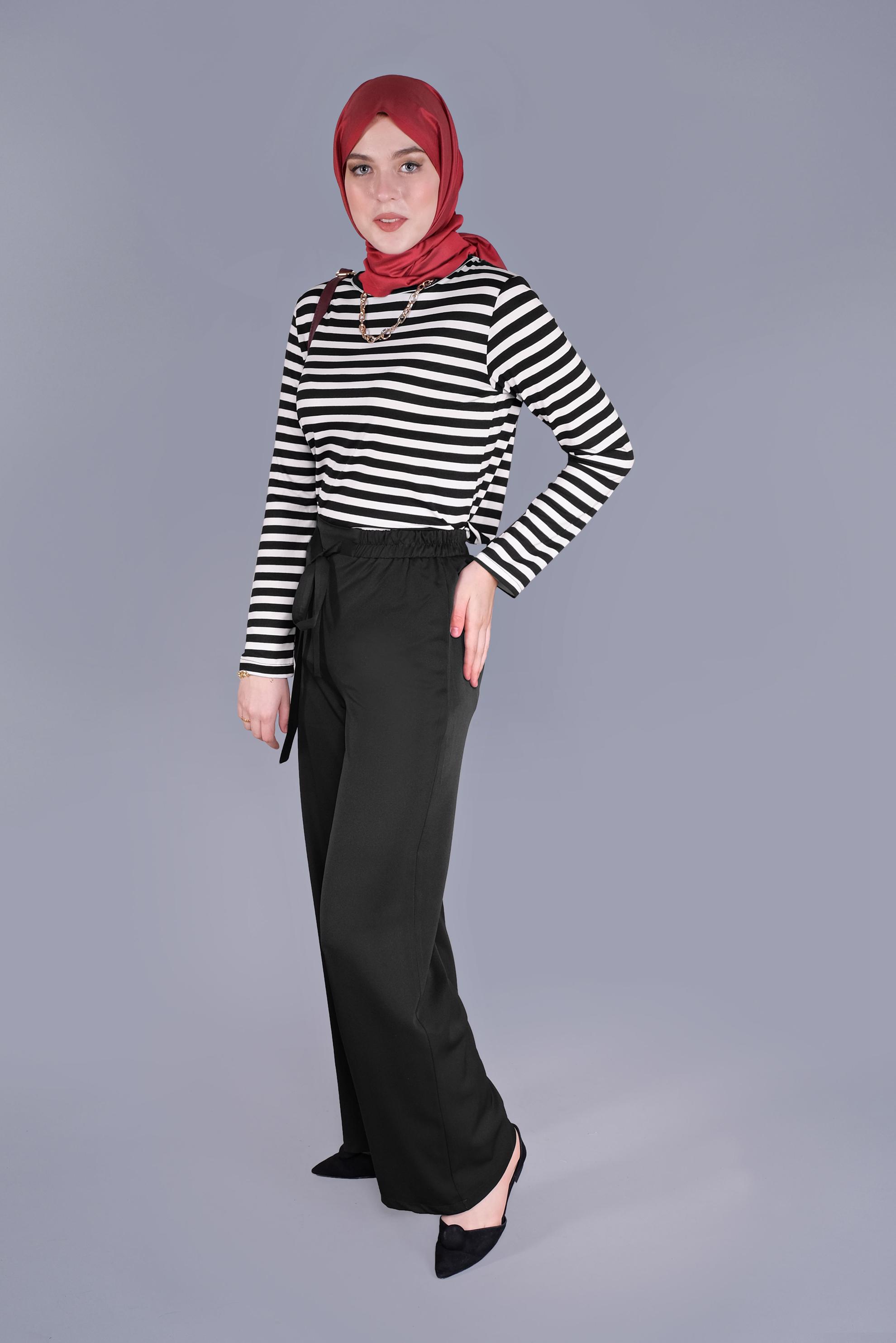 Tesettür giyim SİYAH BELİ KUŞAKLI BOL PAÇA KLASİK PANTOLON 70078 