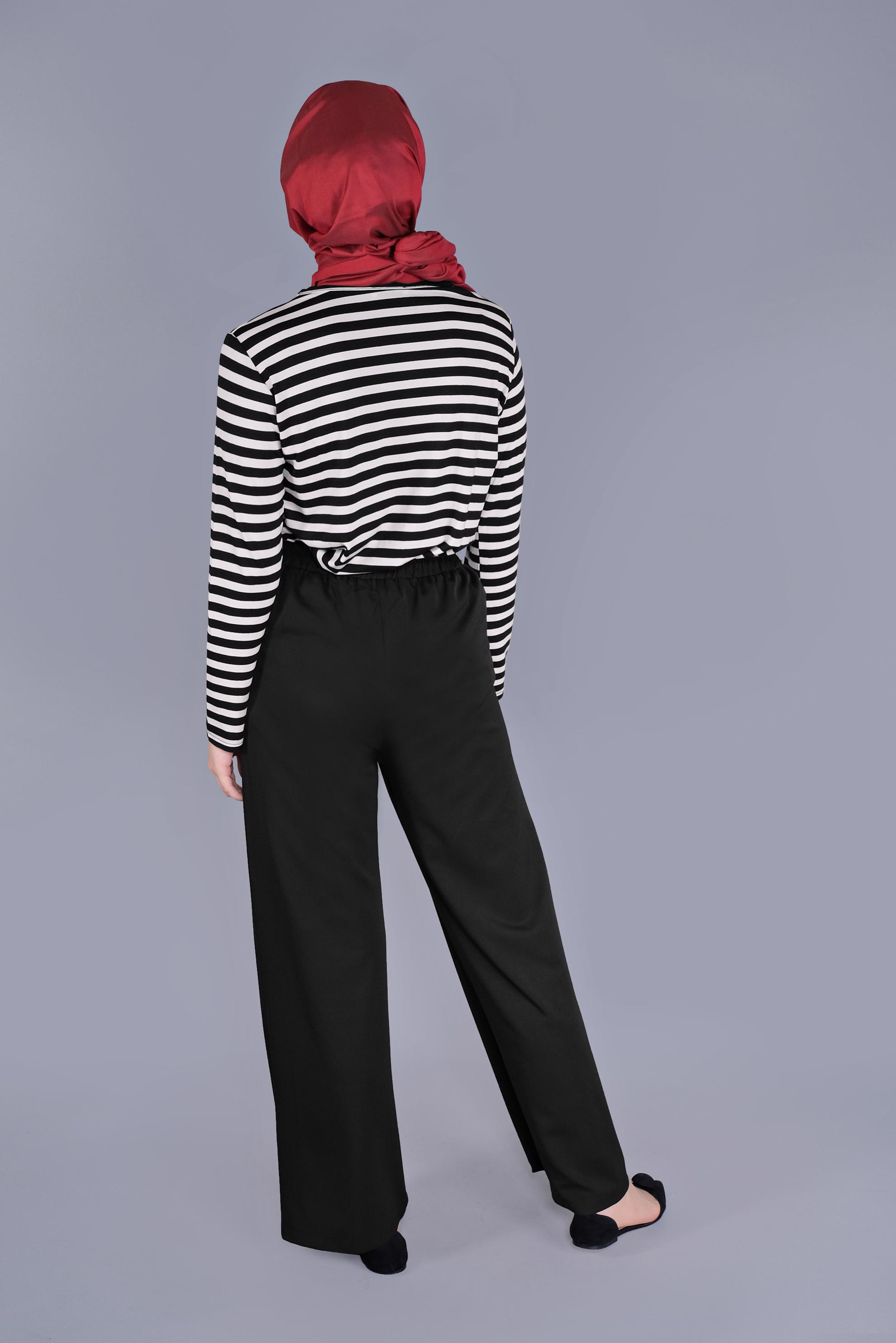 Tesettür giyim SİYAH BELİ KUŞAKLI BOL PAÇA KLASİK PANTOLON 70078 