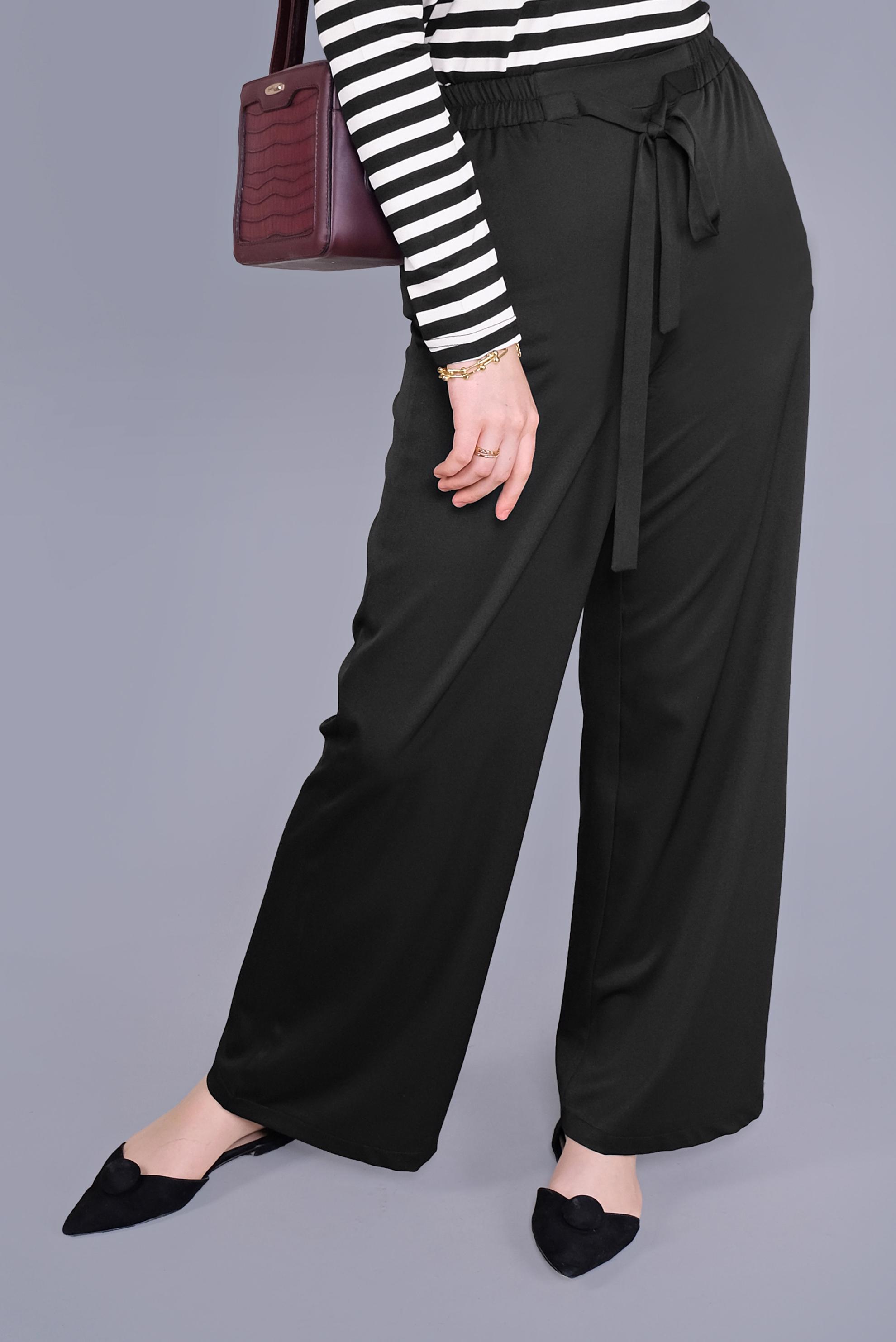 Tesettür giyim SİYAH BELİ KUŞAKLI BOL PAÇA KLASİK PANTOLON 70078 