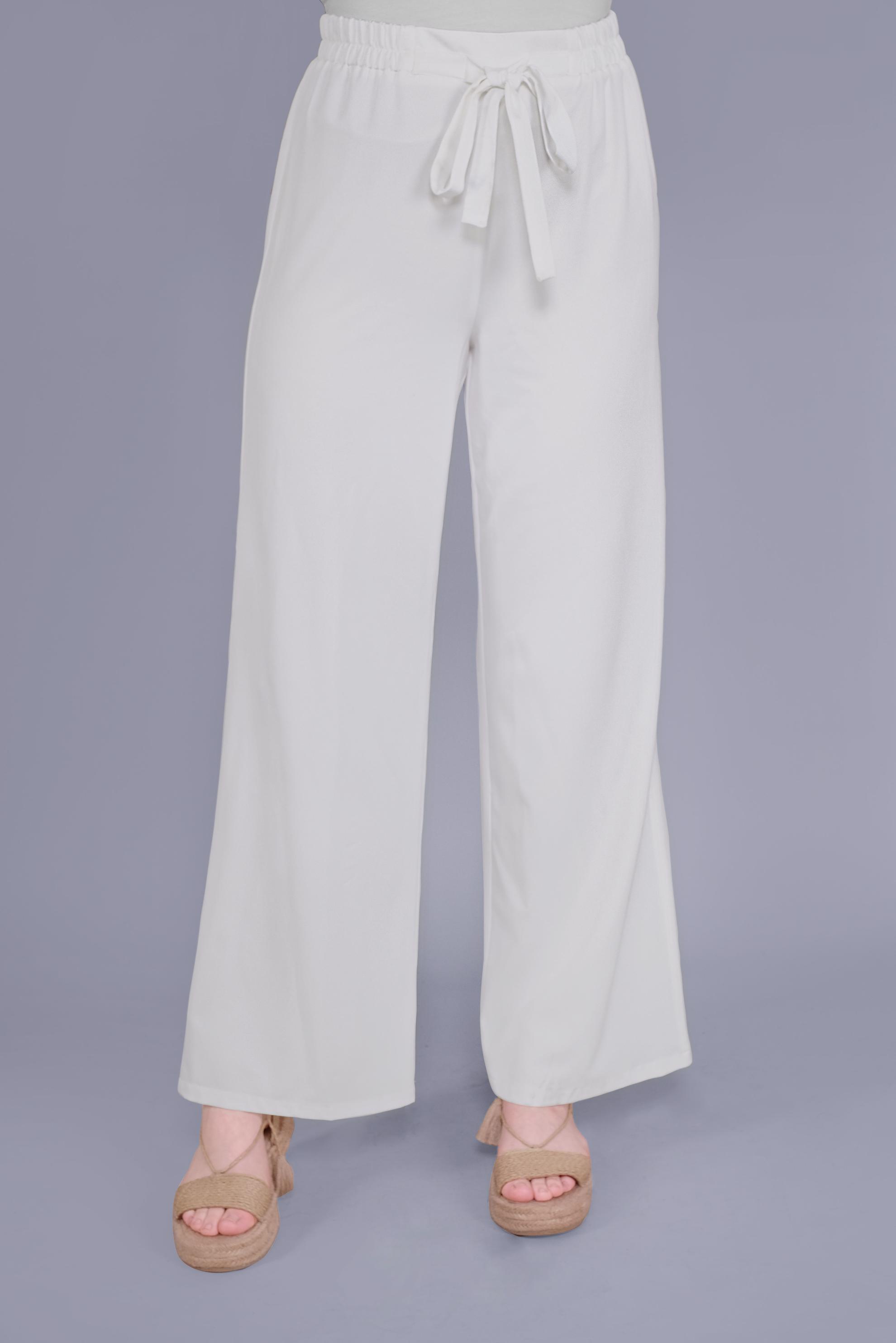 Tesettür giyim BEYAZ BELİ KUŞAKLI BOL PAÇA KLASİK PANTOLON 70078 