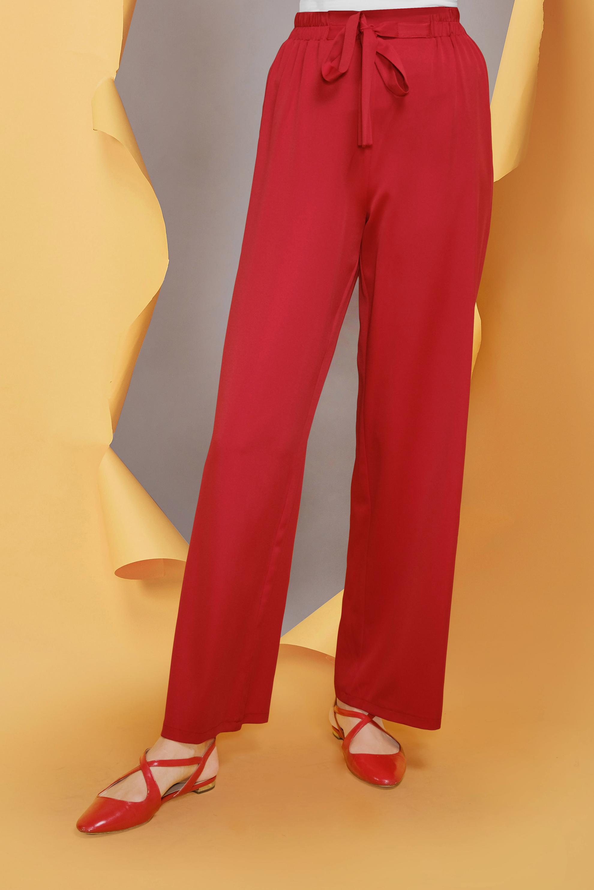 Tesettür giyim KIRMIZI BELİ KUŞAKLI BOL PAÇA KLASİK PANTOLON 70078 