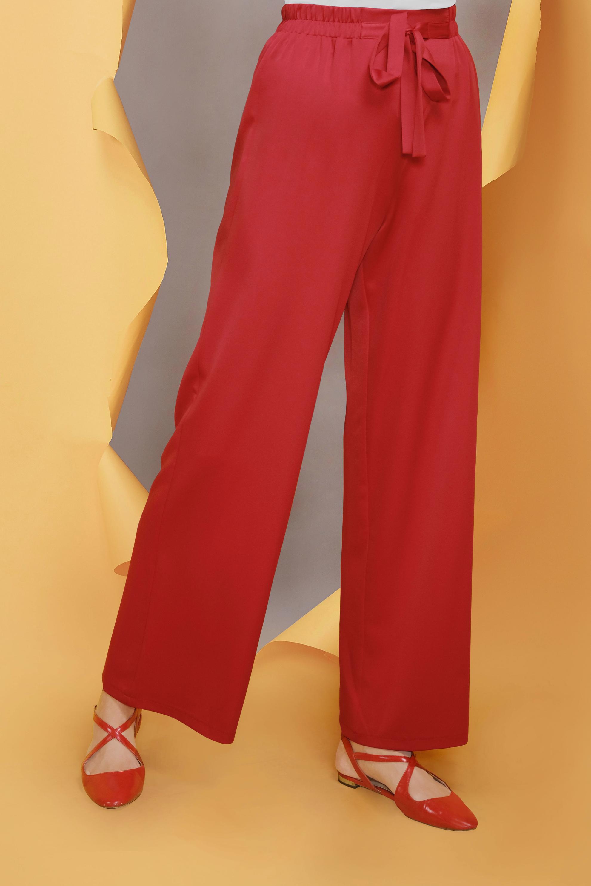 Tesettür giyim KIRMIZI BELİ KUŞAKLI BOL PAÇA KLASİK PANTOLON 70078 