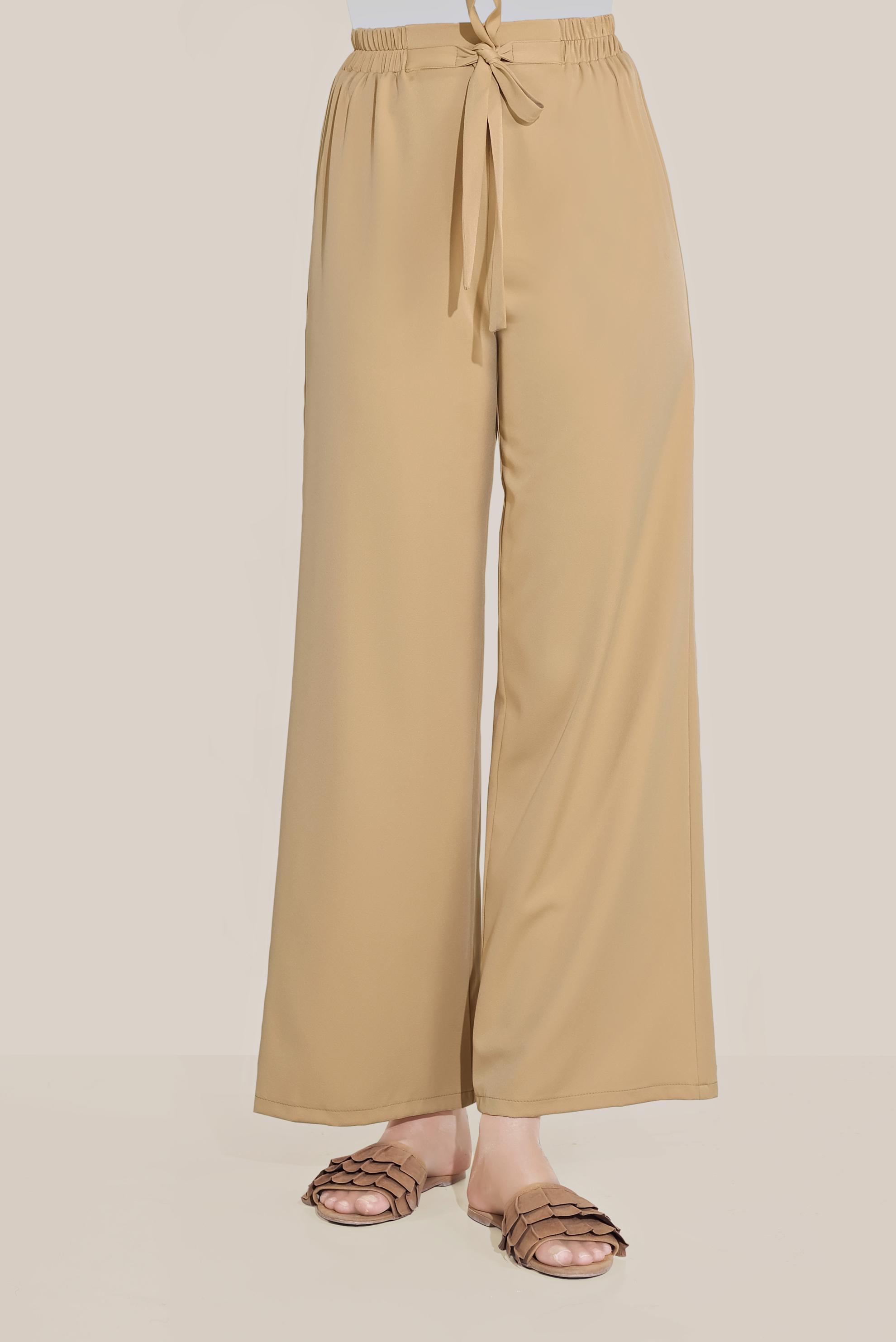 Tesettür giyim SARI BELİ KUŞAKLI BOL PAÇA KLASİK PANTOLON 70078 